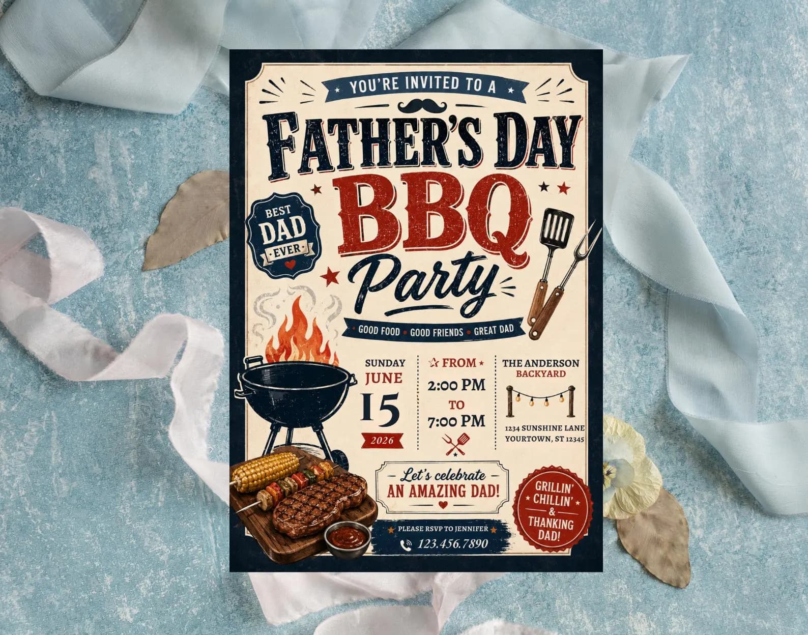 Father's Day BBQ Invitation Canva Template, Grill & Chill Party Invite (Digital Download)