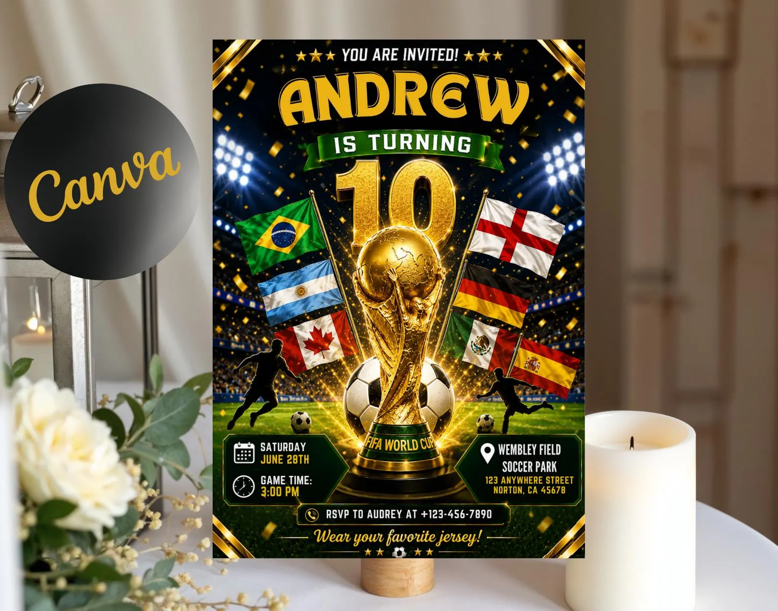 World Cup Soccer 10th Birthday Invitation, Editable Canva Template (Digital Download)