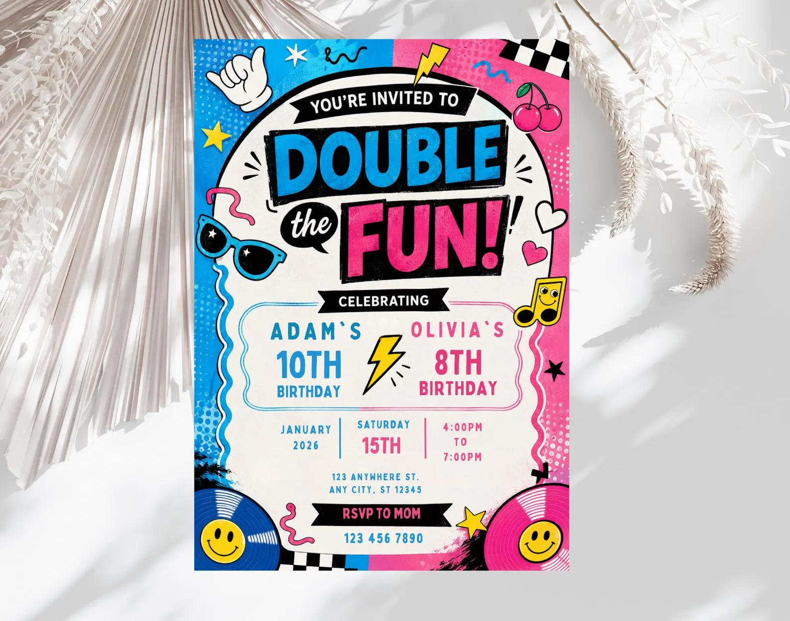 Double Birthday Invitation, Joint Siblings Party, Editable Canva Template (Instant Download)