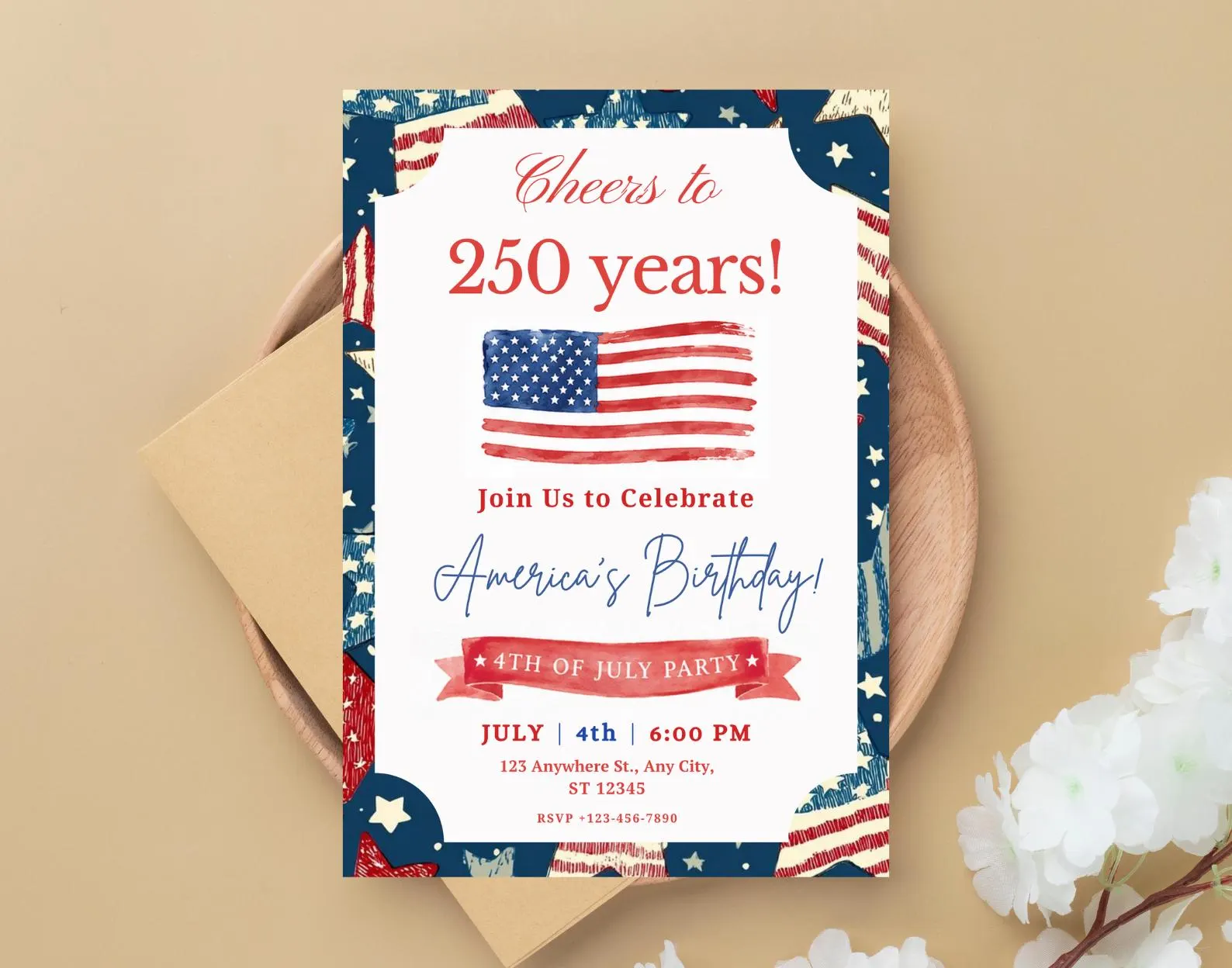 America 250th Birthday Invitation, Patriotic 4th of July BBQ Party (Editable Canva Template)