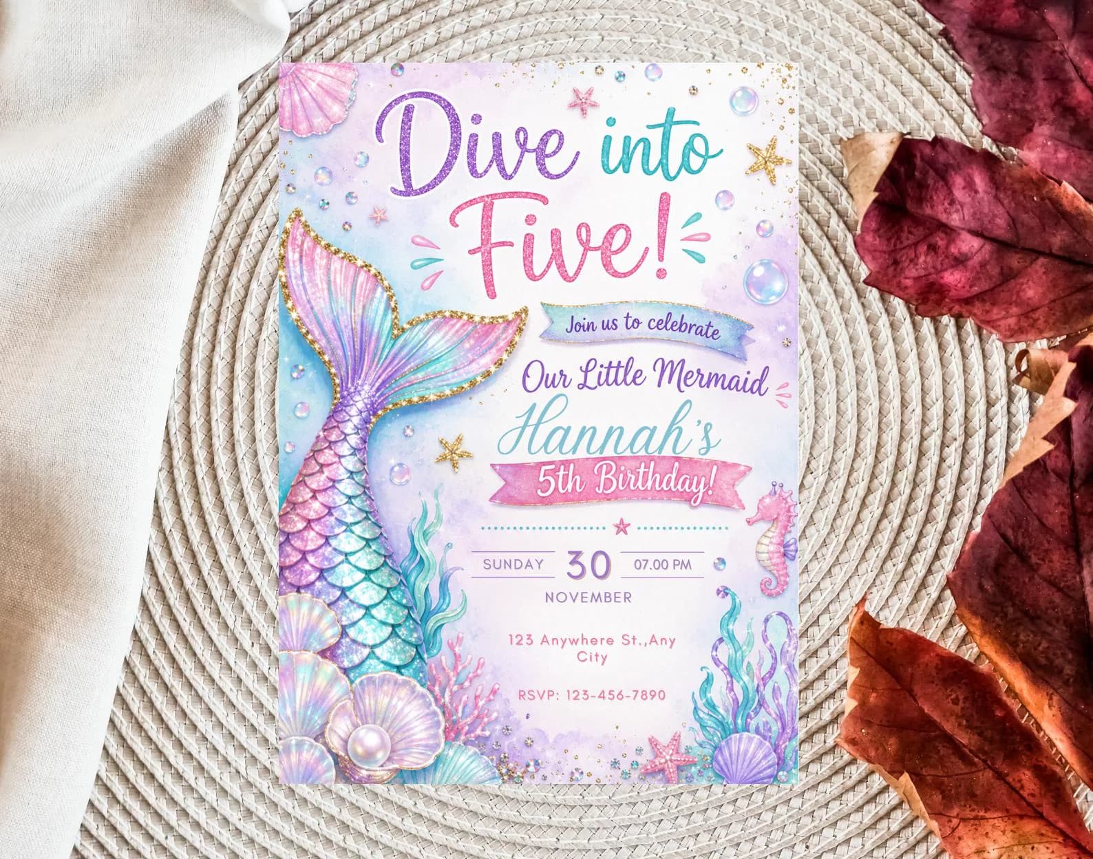 Mermaid 5th Birthday Invitation, Under the Sea Party Invite (Digital Download)