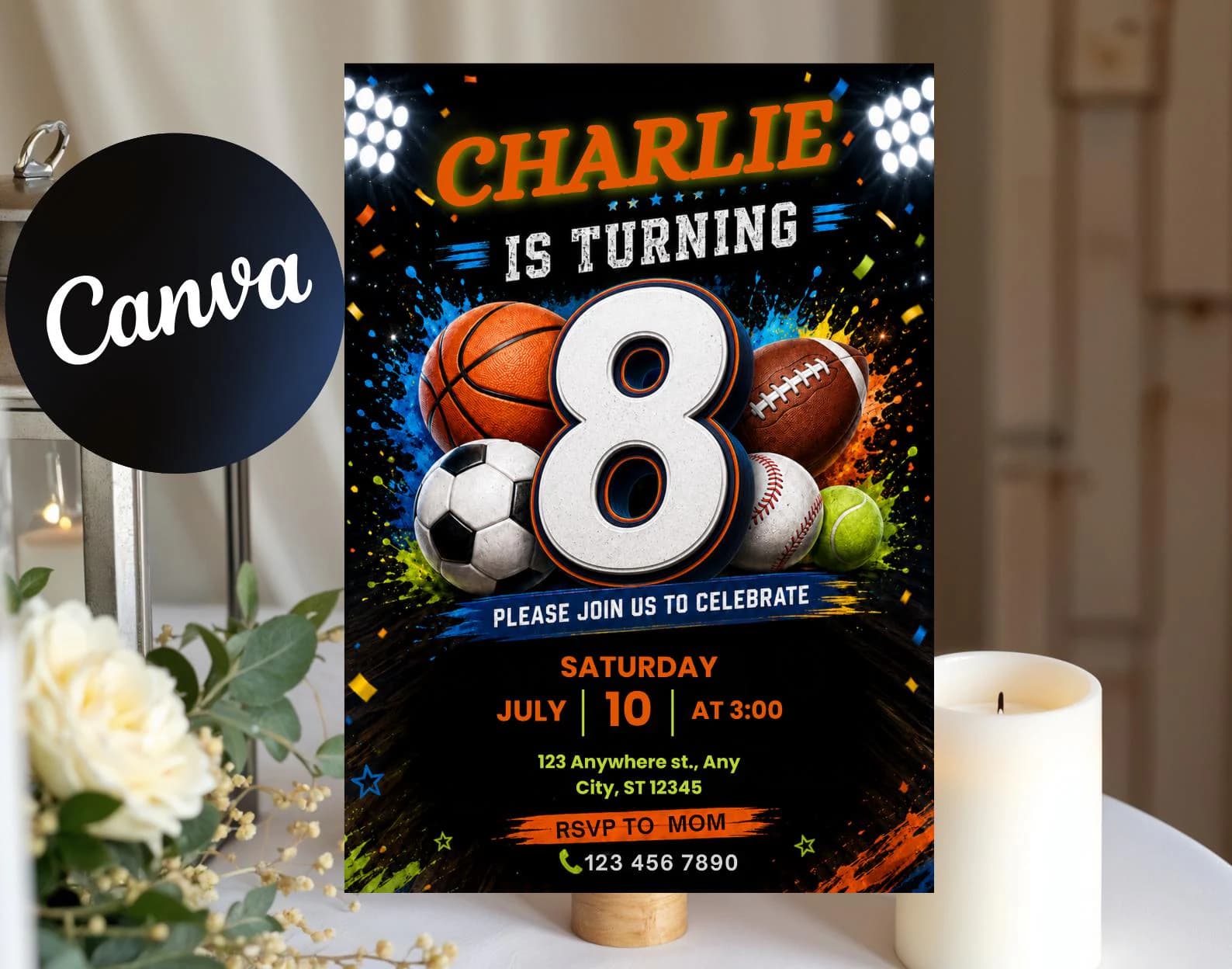 Editable Sports 8th Birthday Invitation, All Star Party Template (Digital Download)