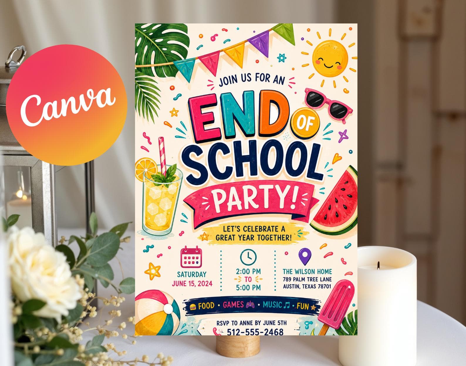 End of School Party Invitation: Tropical Summer Beach Theme (Digital Download)