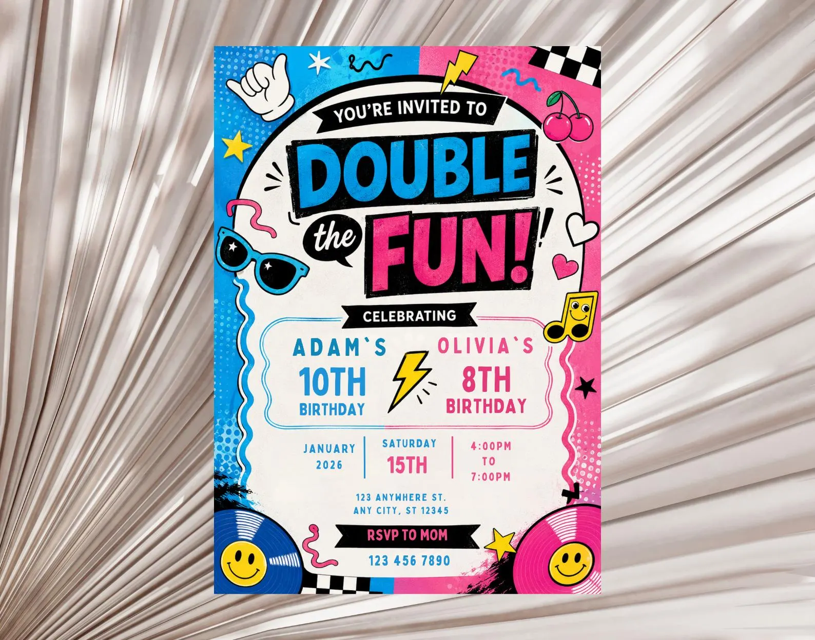 Double Birthday Invitation, Joint Siblings Party, Editable Canva Template (Instant Download)