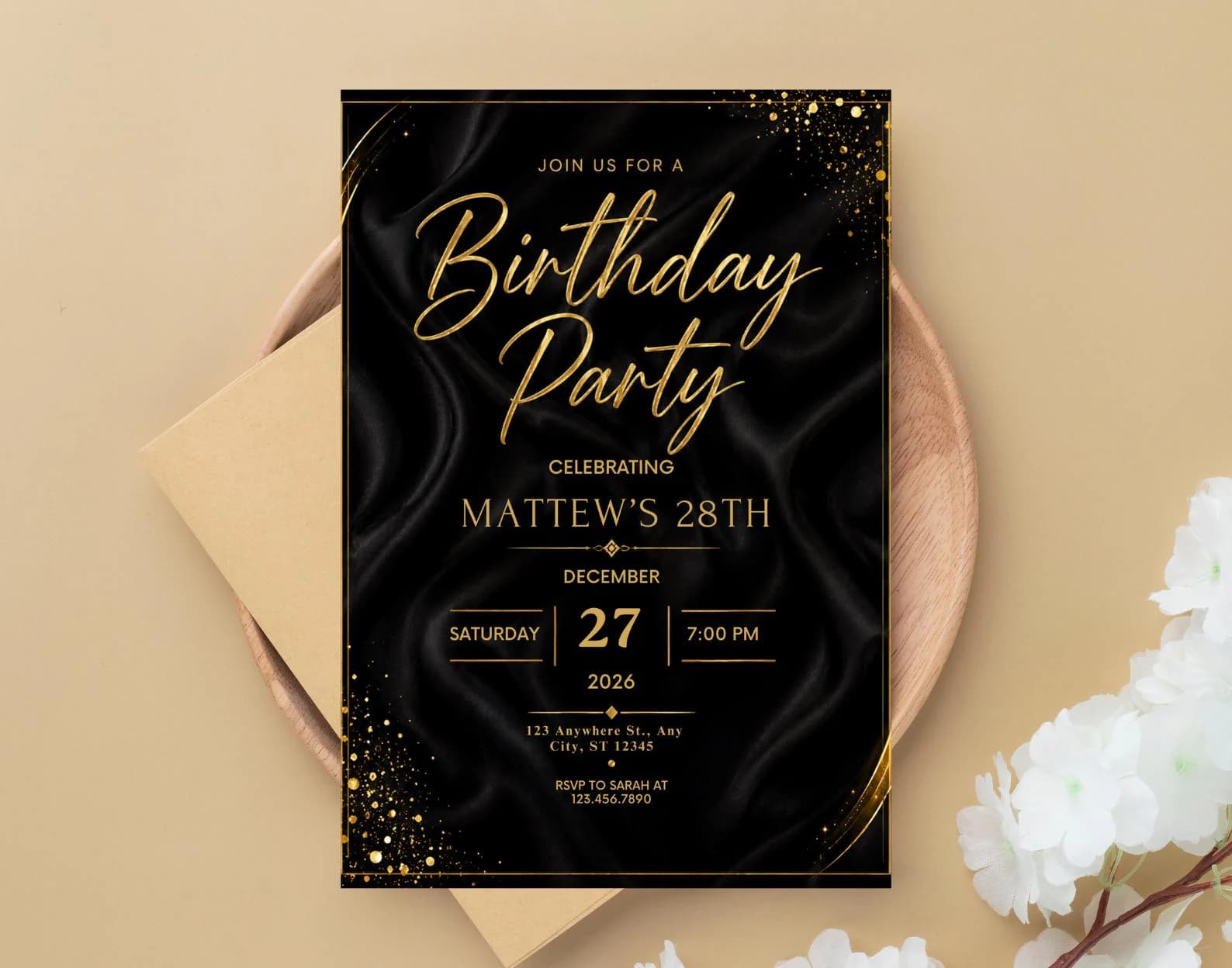 Editable Modern Black Gold Birthday Invite, Men's Digital Party Invite