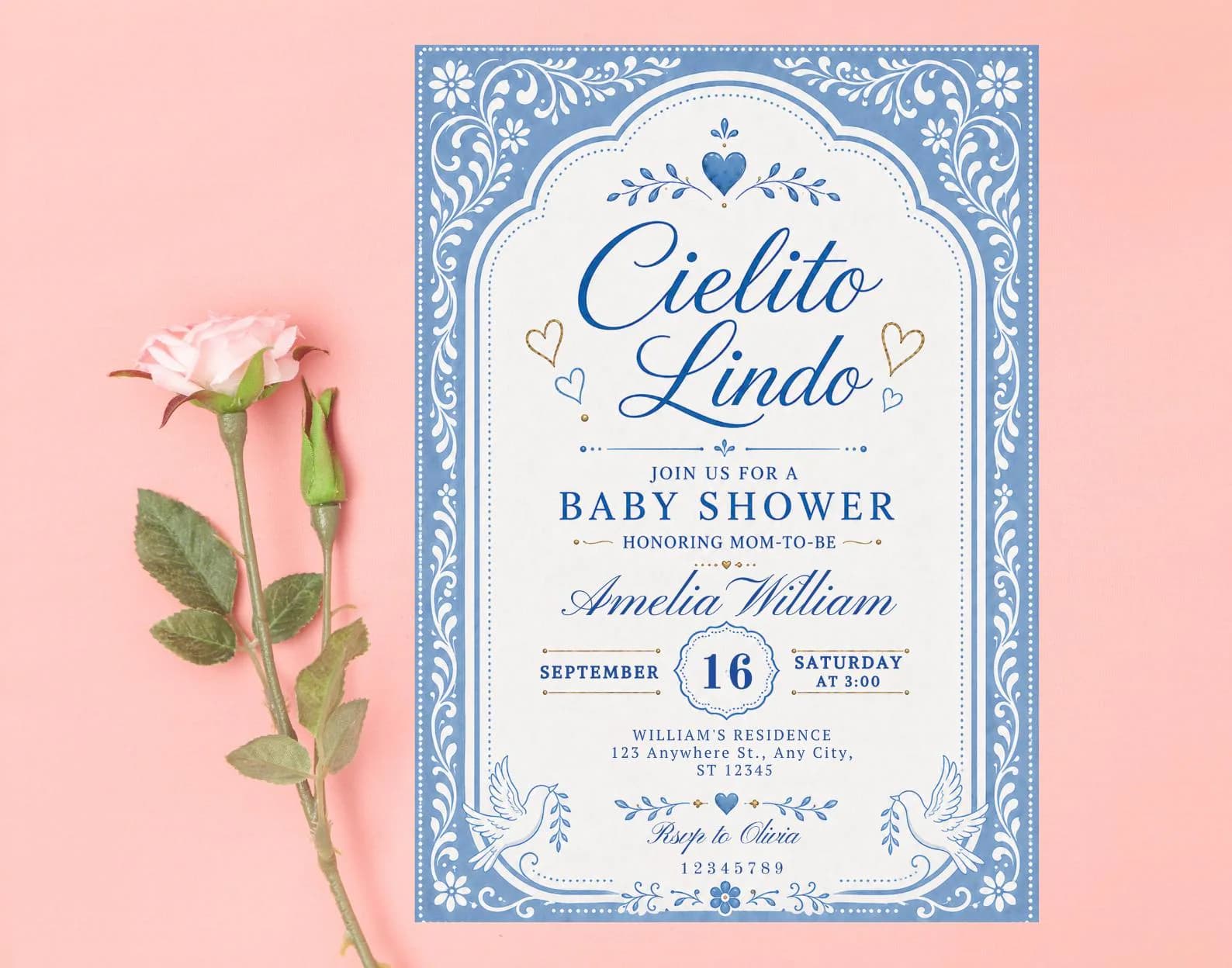 Cielito Lindo Baby Shower Invitation, Dusty Blue Mexican Talavera Papel Picado (Canva Template)