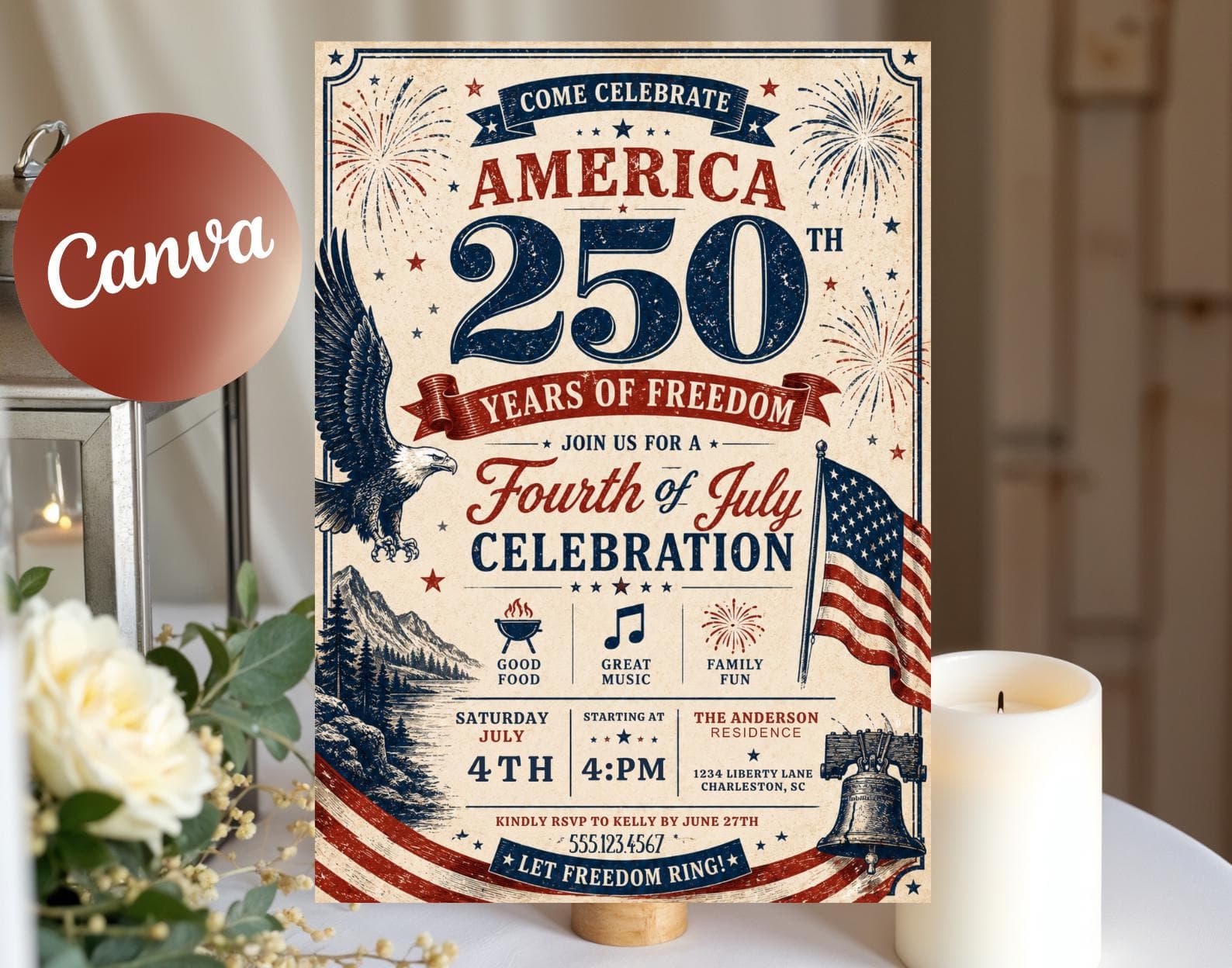 America 250th Fourth of July Celebration Invitation, Patriotic BBQ Party (Editable Canva Template)