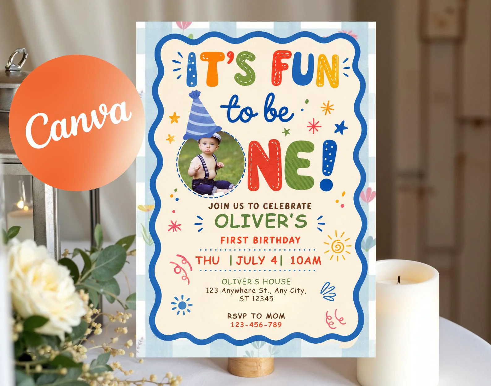 Its Fun To Be One First Birthday Invitation for Boys , Editable Canva Template