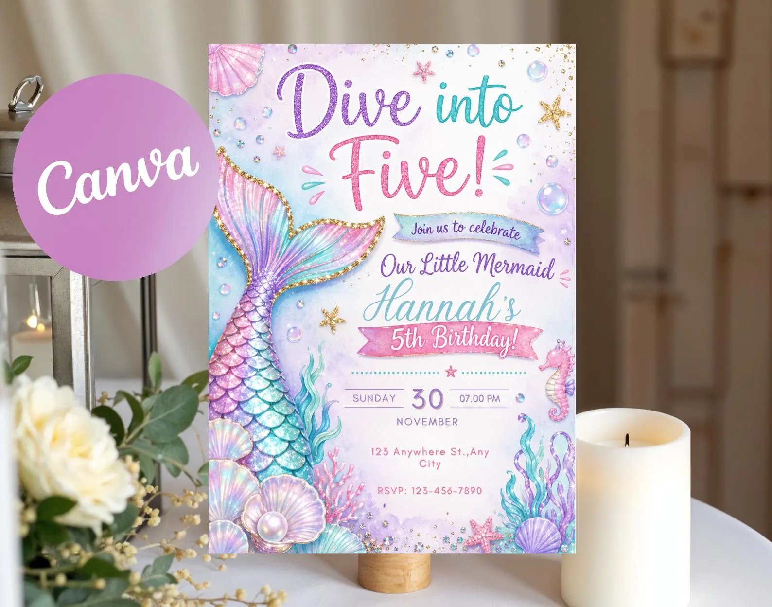 Mermaid 5th Birthday Invitation, Under the Sea Party Invite (Digital Download)