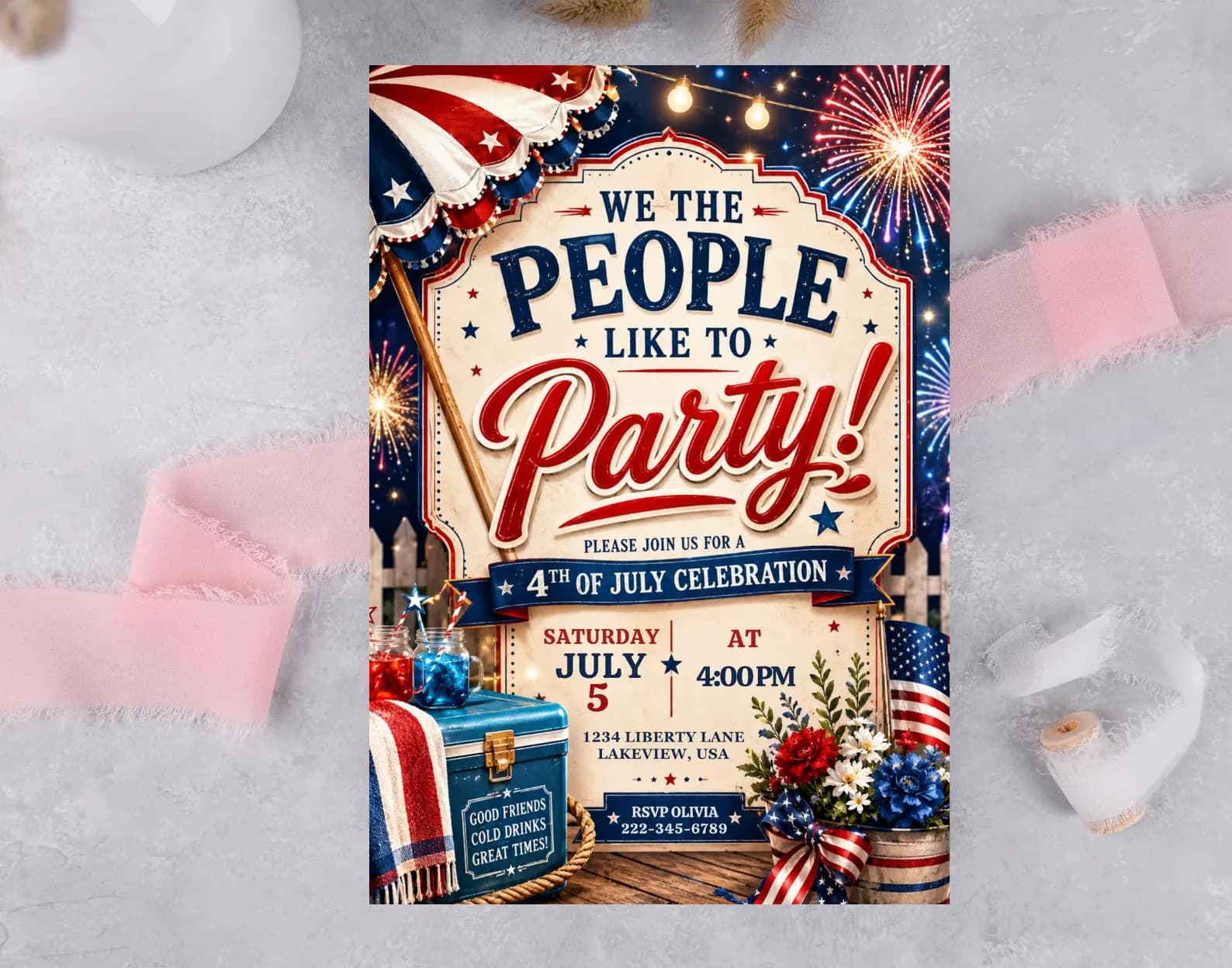4th of July Party Invitation, Patriotic Summer Invite, Red White Blue (Digital Download)