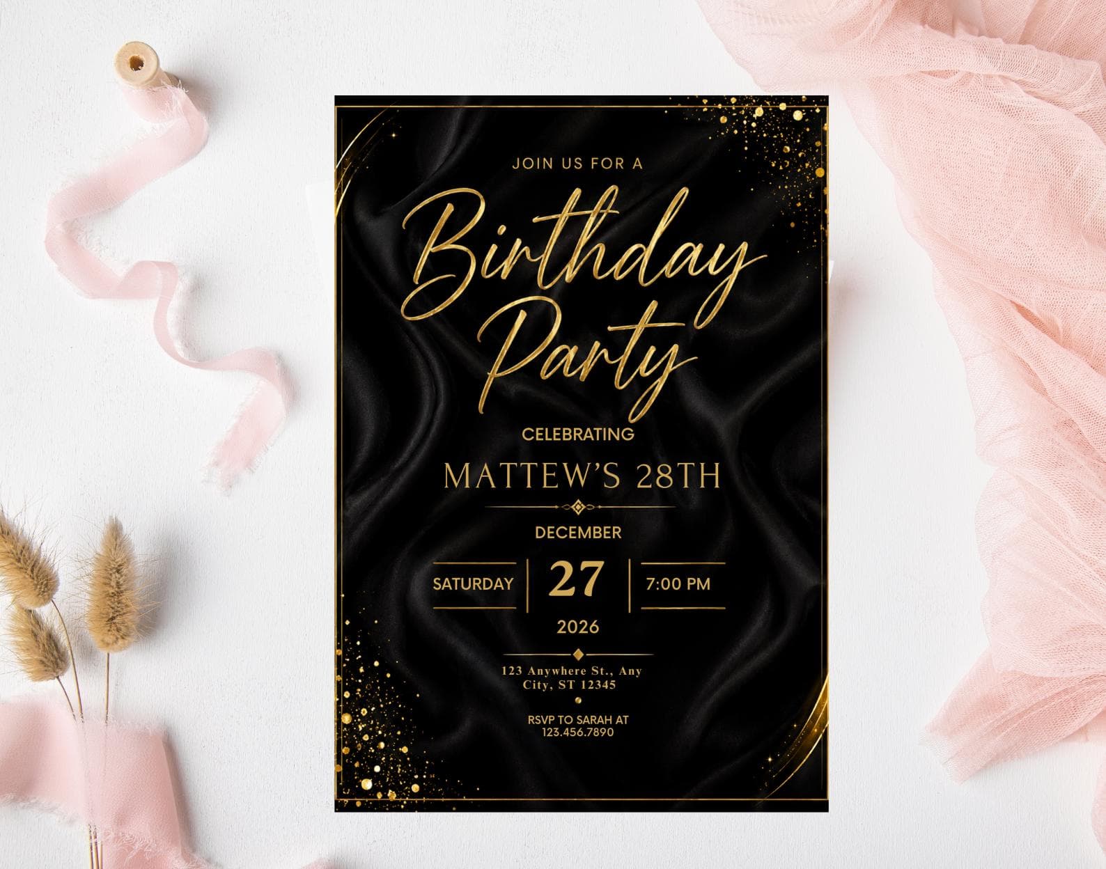 Editable Modern Black Gold Birthday Invite, Men's Digital Party Invite