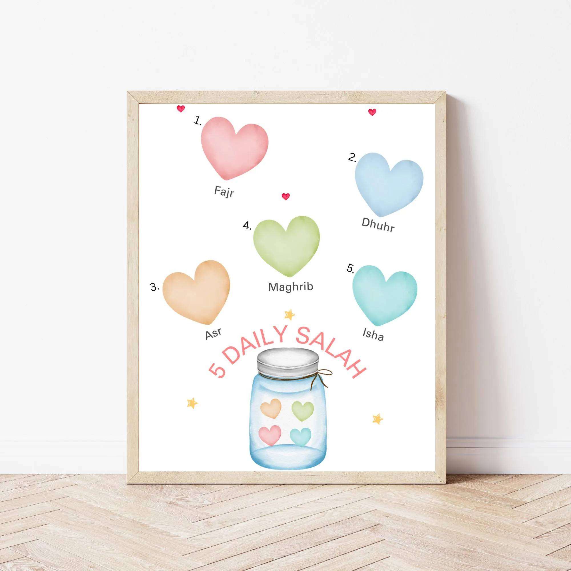 Islamic Kids Salah Poster: Five Daily Prayers, Muslim Nursery Decor