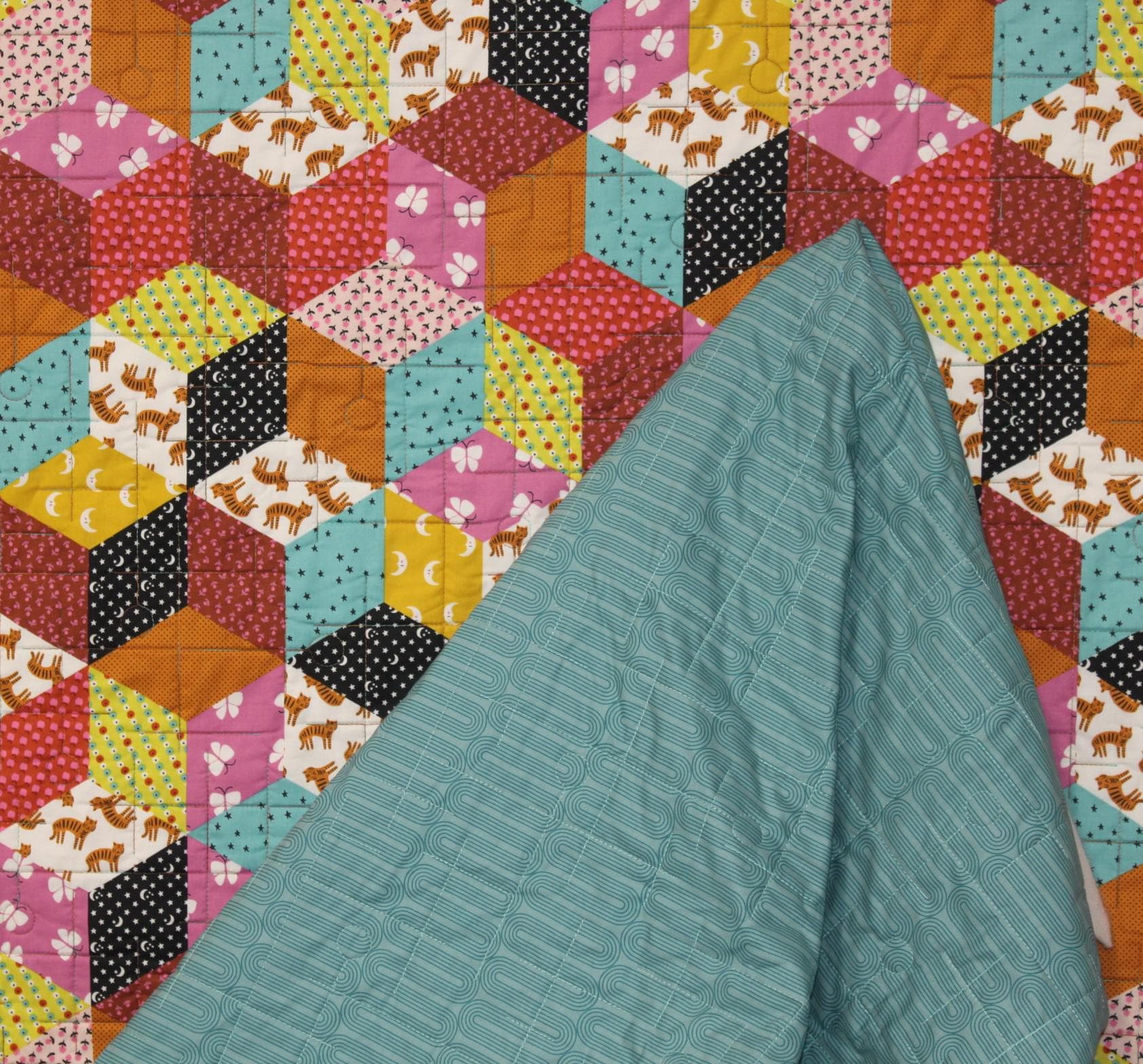 Double sided pre-quilted fabric, DIY Jacket, DIY Vests, Ready To Use, Ruby Star, Ooh Lucky Lucky Caramel, To and Fro Meandering Oasis