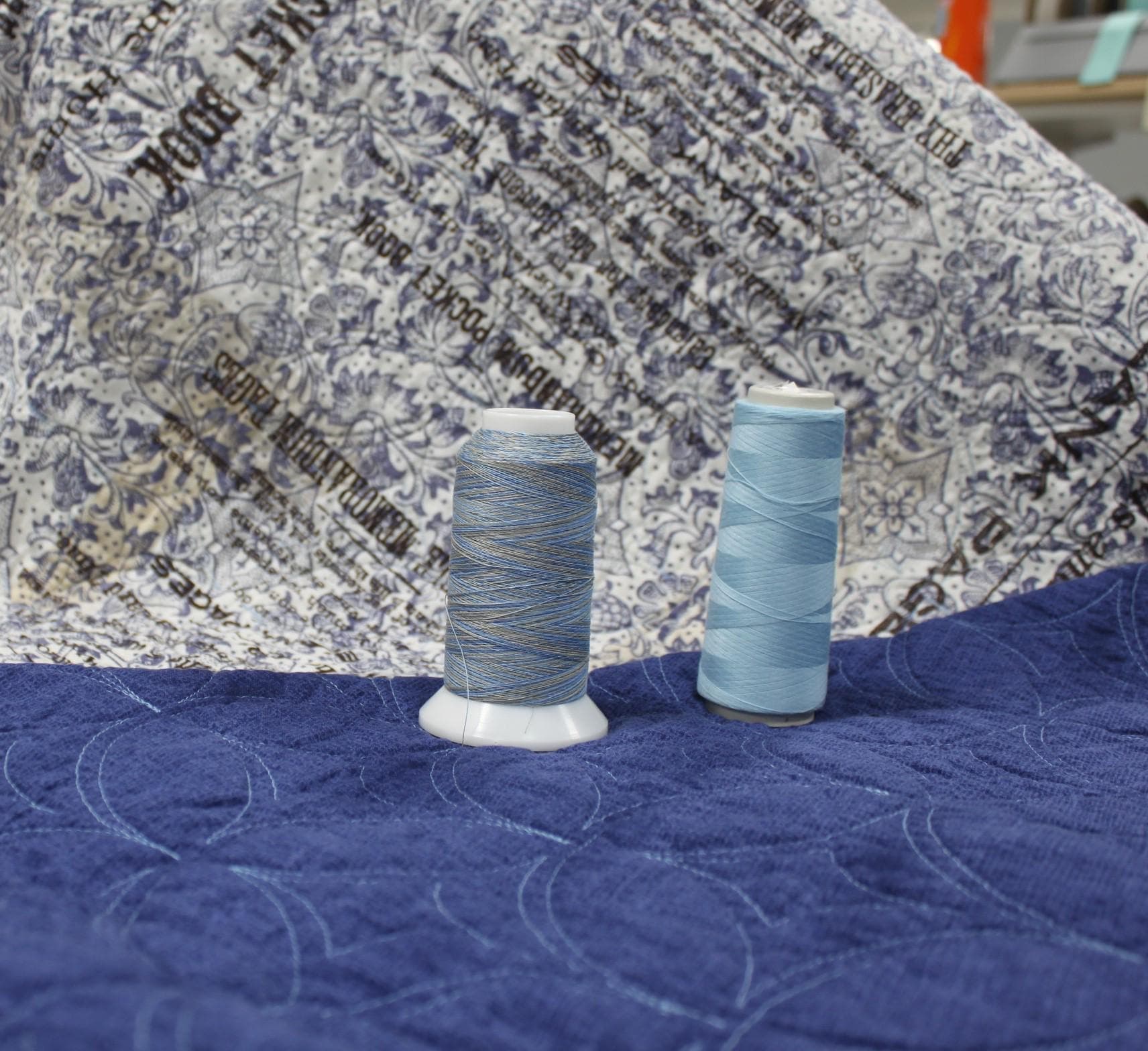Double sided pre-quilted fabric, Ready to Use for Jacket/Vests, Tim Holtz Memorandum Blue Collage Print, Blue Demin Texture - image 3