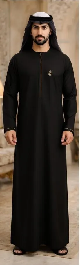 Black Saudi Thobe for Men, Elegant Arabic Jubba with Gold Embroidery - image 5