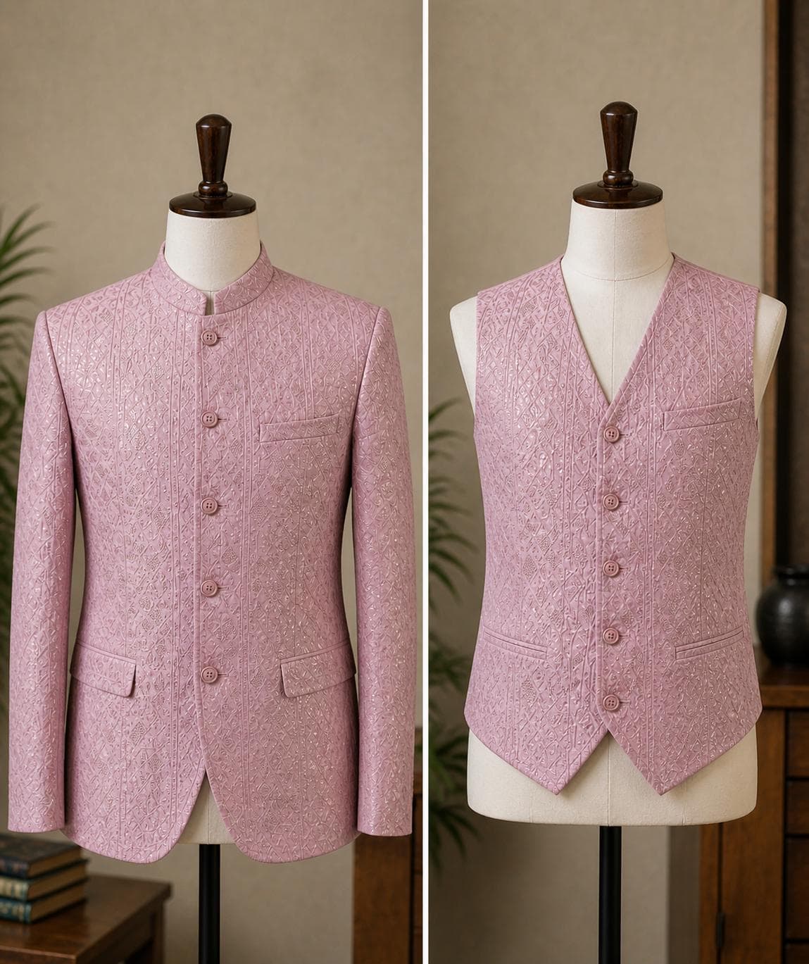 Men’s Blush Pink Embroidered Bandhgala Coat with Matching Waistcoat – Custom Made Available