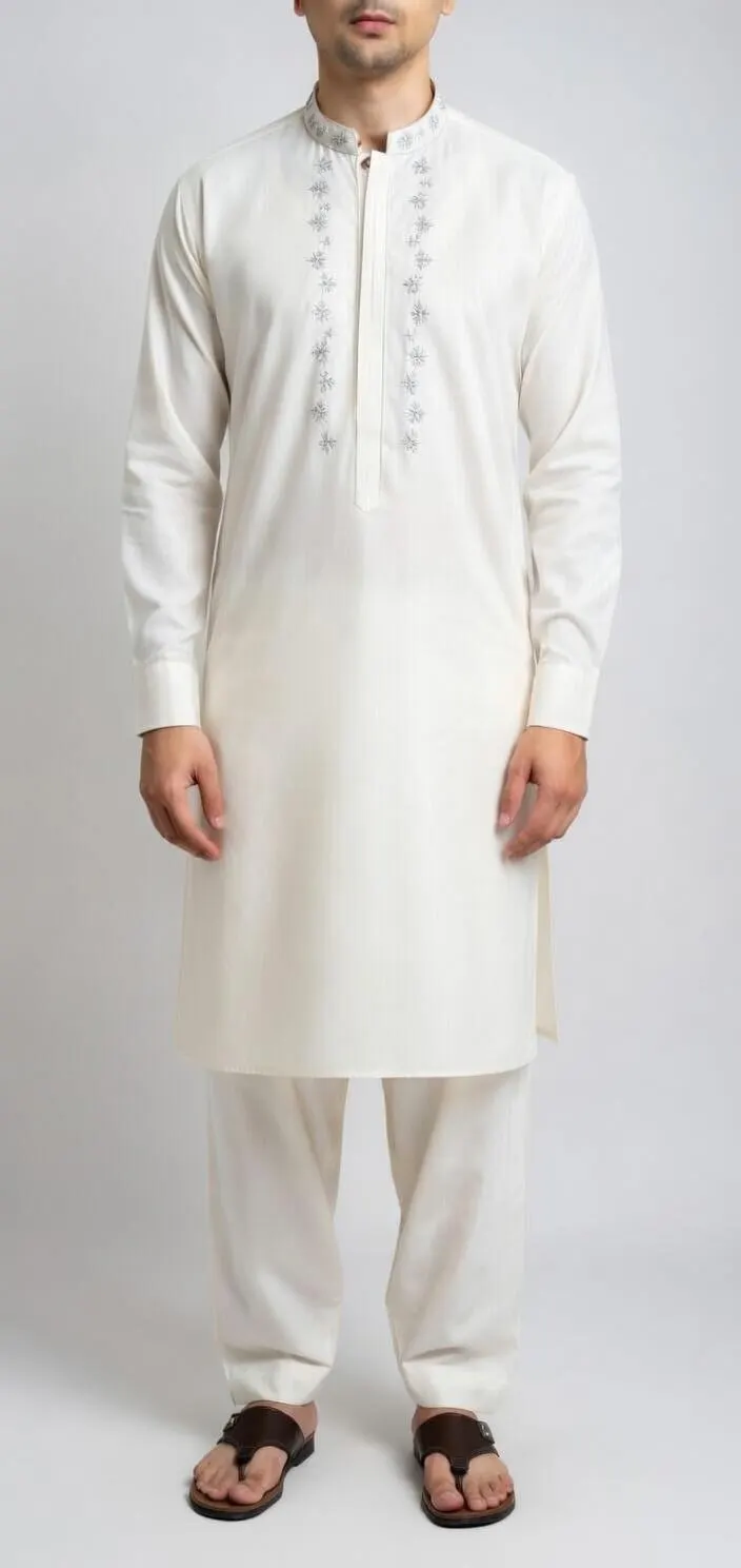 Men's Off White Boski Shalwar Kameez | Elegant Embroidery, Original Boski Pakistani Kurta Set