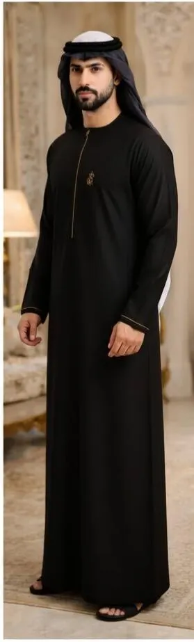 Black Saudi Thobe for Men, Elegant Arabic Jubba with Gold Embroidery - image 3