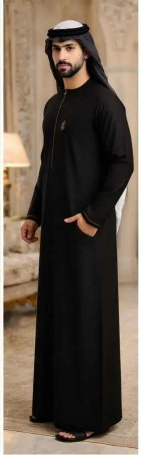 Black Saudi Thobe for Men, Elegant Arabic Jubba with Gold Embroidery - image 4