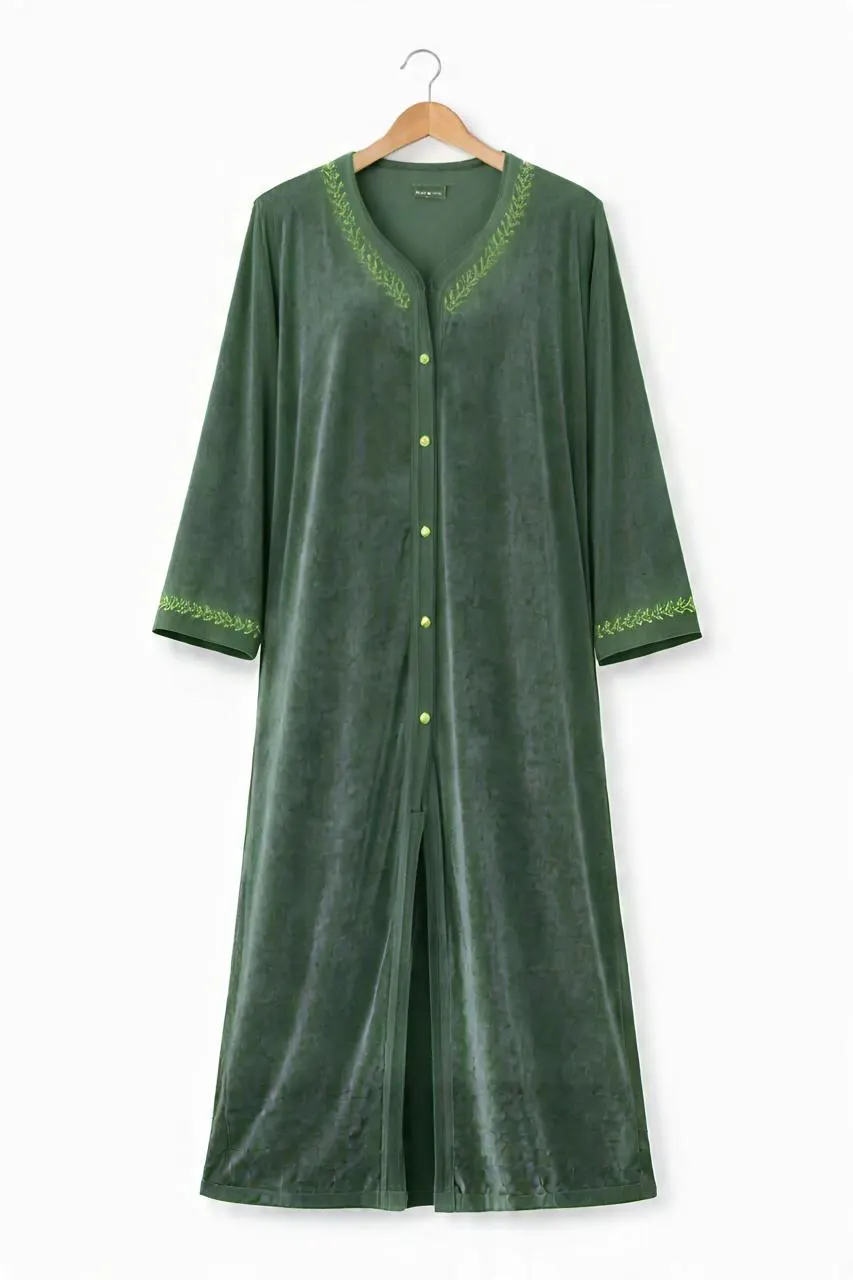 Embroidered Velvet Abaya, V-Neck Button Front Robe - image 4