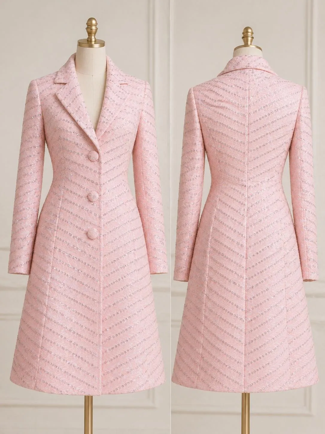 Blush Pink Embroidered Long Coat – Elegant Tailored Statement Outerwear