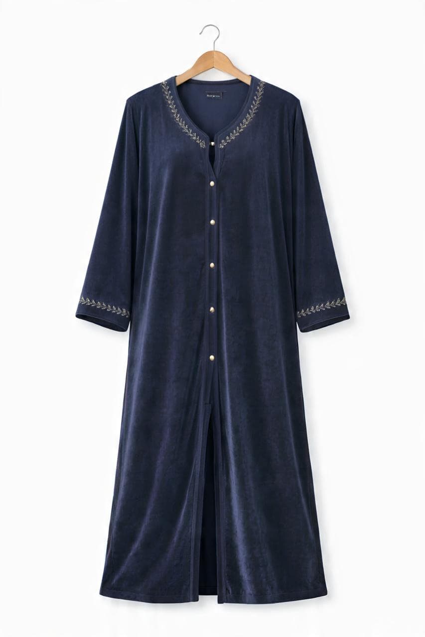 Embroidered Velvet Abaya, V-Neck Button Front Robe - image 3