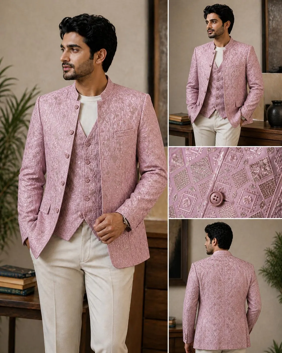 Men’s Blush Pink Embroidered Bandhgala Coat with Matching Waistcoat – Custom Made Available - image 4