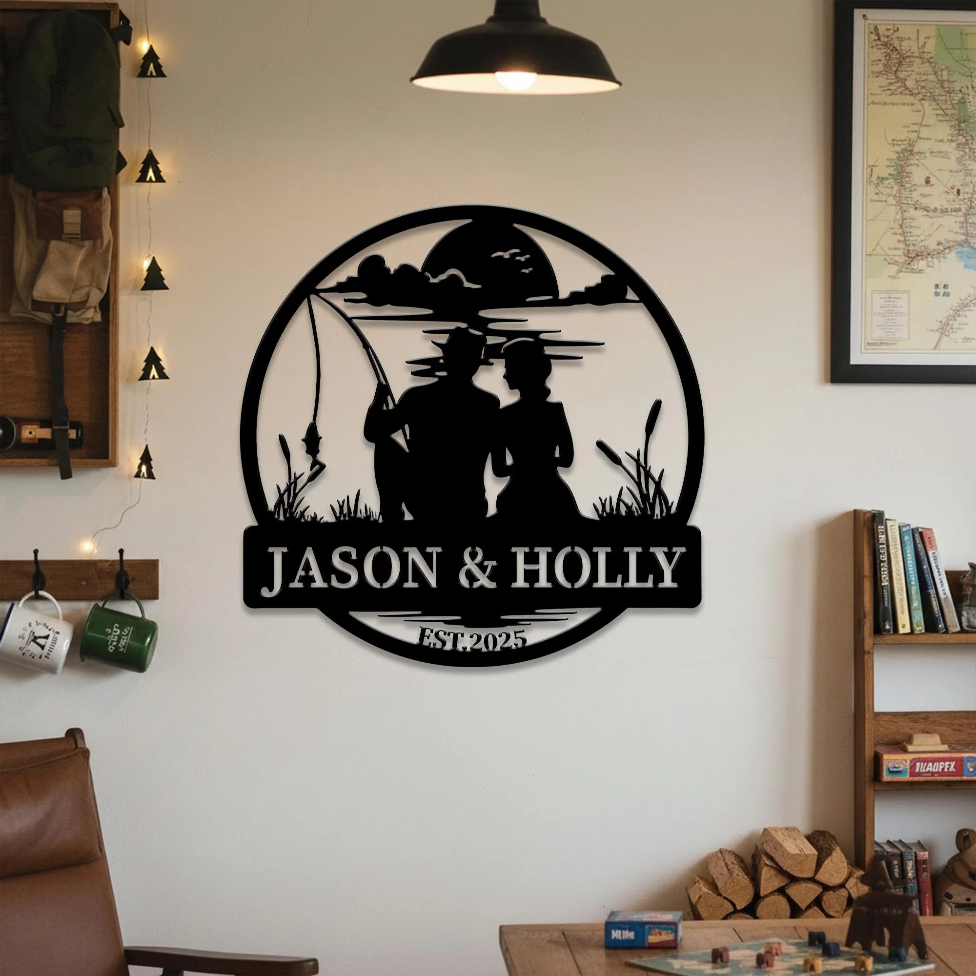 Custom Fishing Couple Metal Wall Sign, Personalized Name & Date Lakeside Scene Wall Decor, Anniversary Wall Decor, Wedding Gift - image 3