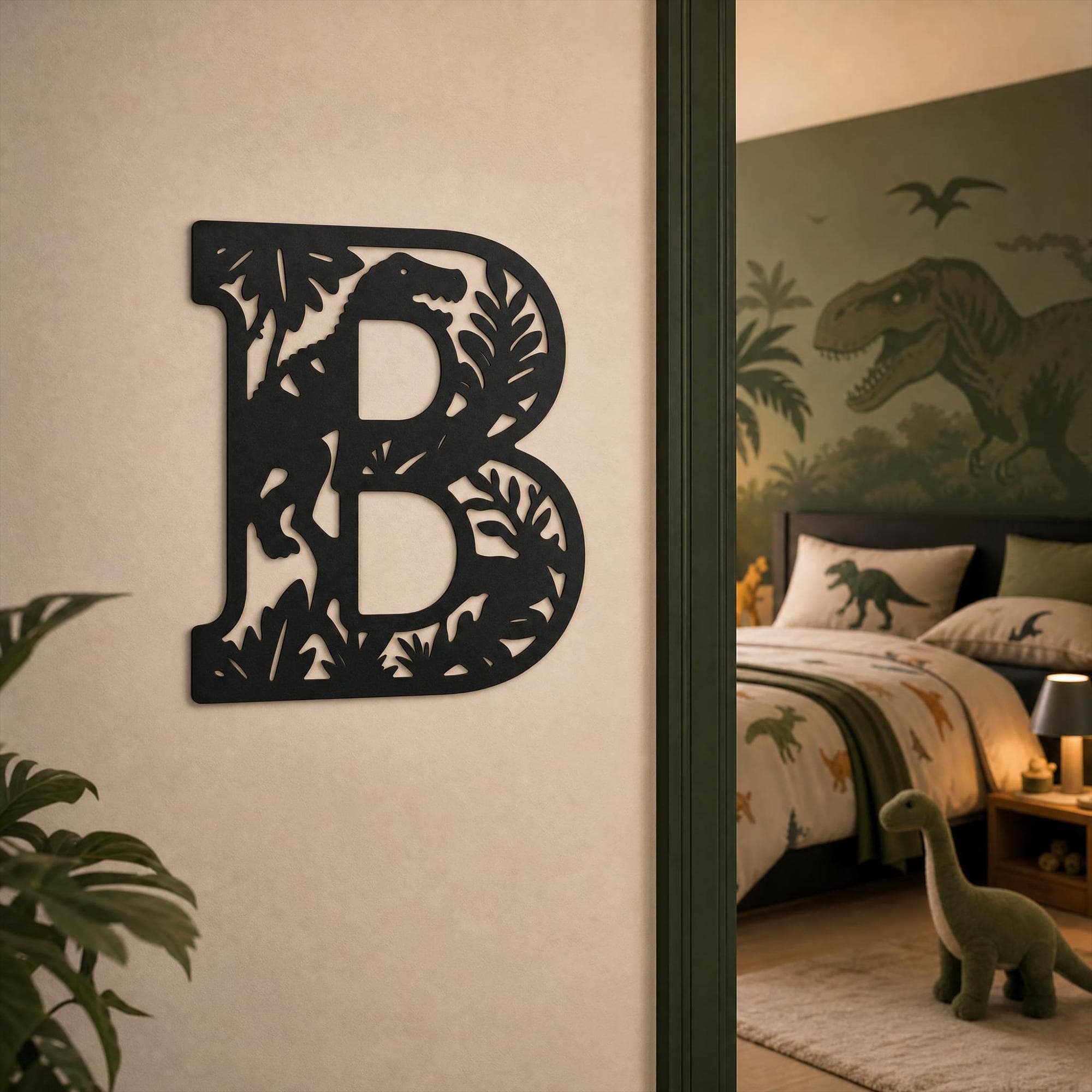 Custom Dinosaur Initial Letter Metal Sign, Jungle Monogram Wall Decor, Dinosaur Jungle Themed Letter Metal Wall Art, Kids Room Gift