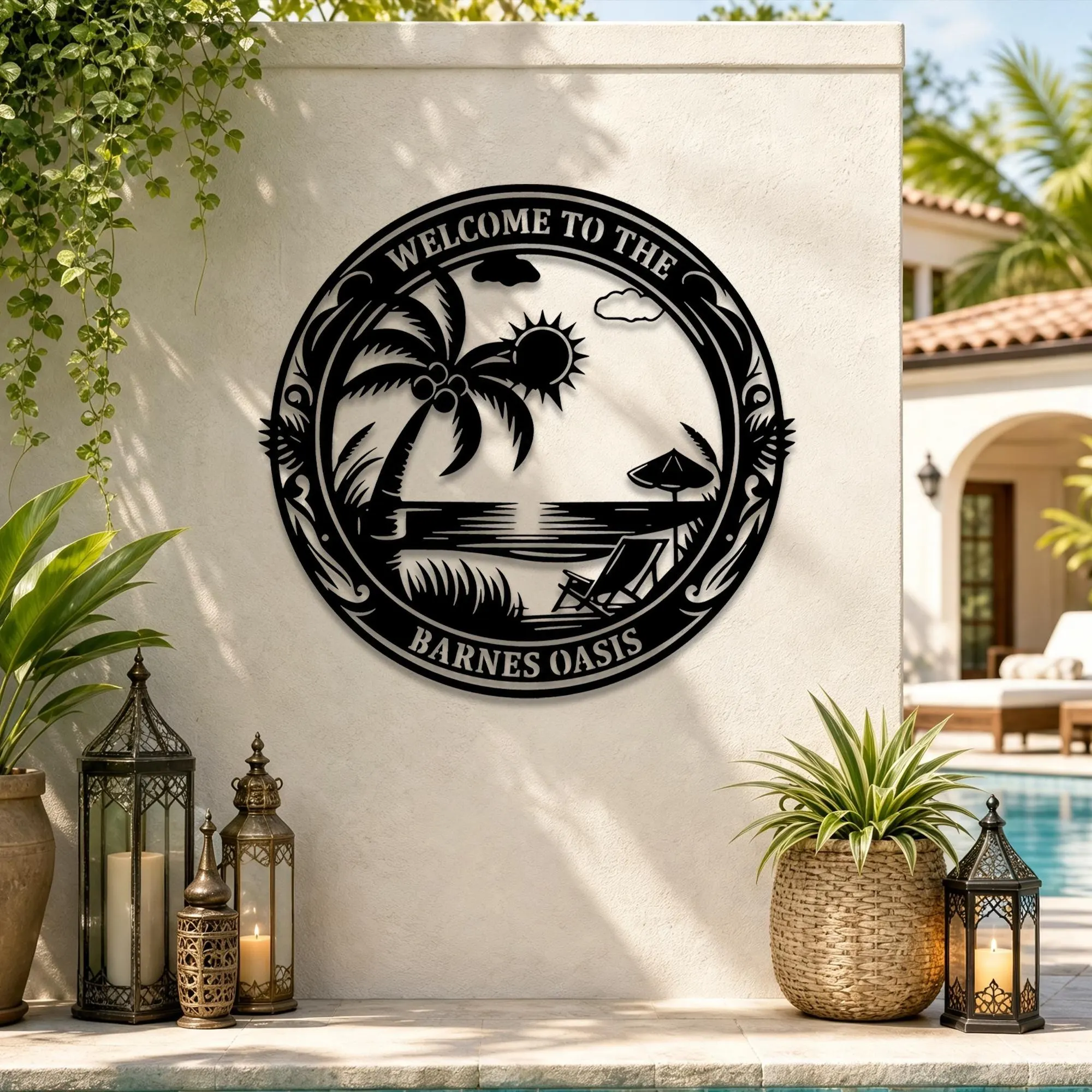 Custom Tropical Beach Oasis Metal Wall Sign, Personalized Name Palm Tree Pool Side Metal Plaque, Backyard Metal Wall Decor, Pool Gift - image 3