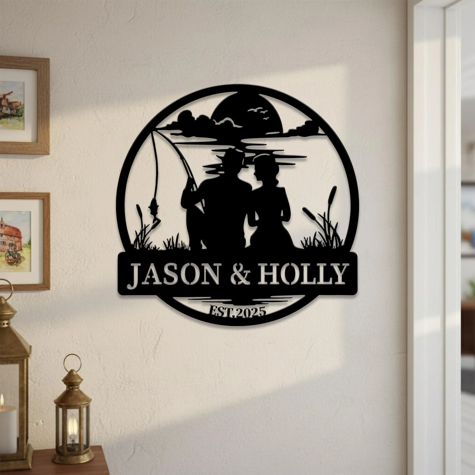 Custom Fishing Couple Metal Wall Sign, Personalized Name & Date Lakeside Scene Wall Decor, Anniversary Wall Decor, Wedding Gift - image 4
