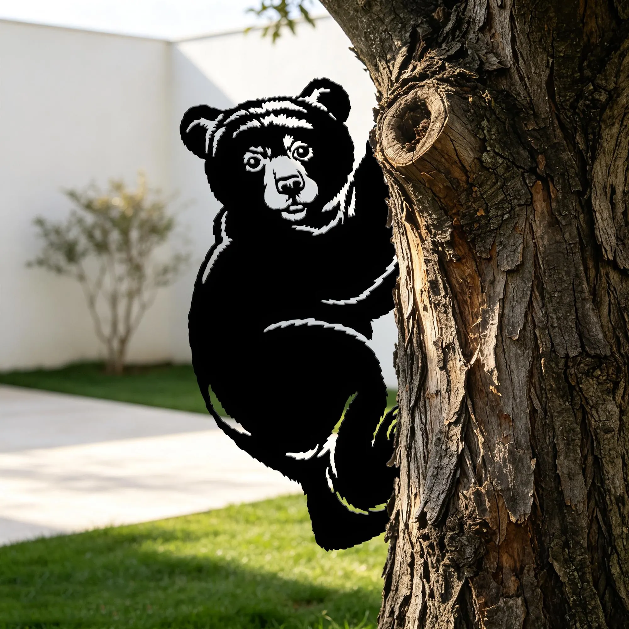 Curious Bear Peeking Silhouette Sign, Mount On Garden Fence Or Tree Trunk Decor, Playful Bear Outdoor Metal Sign, Outdoor Tree Decor