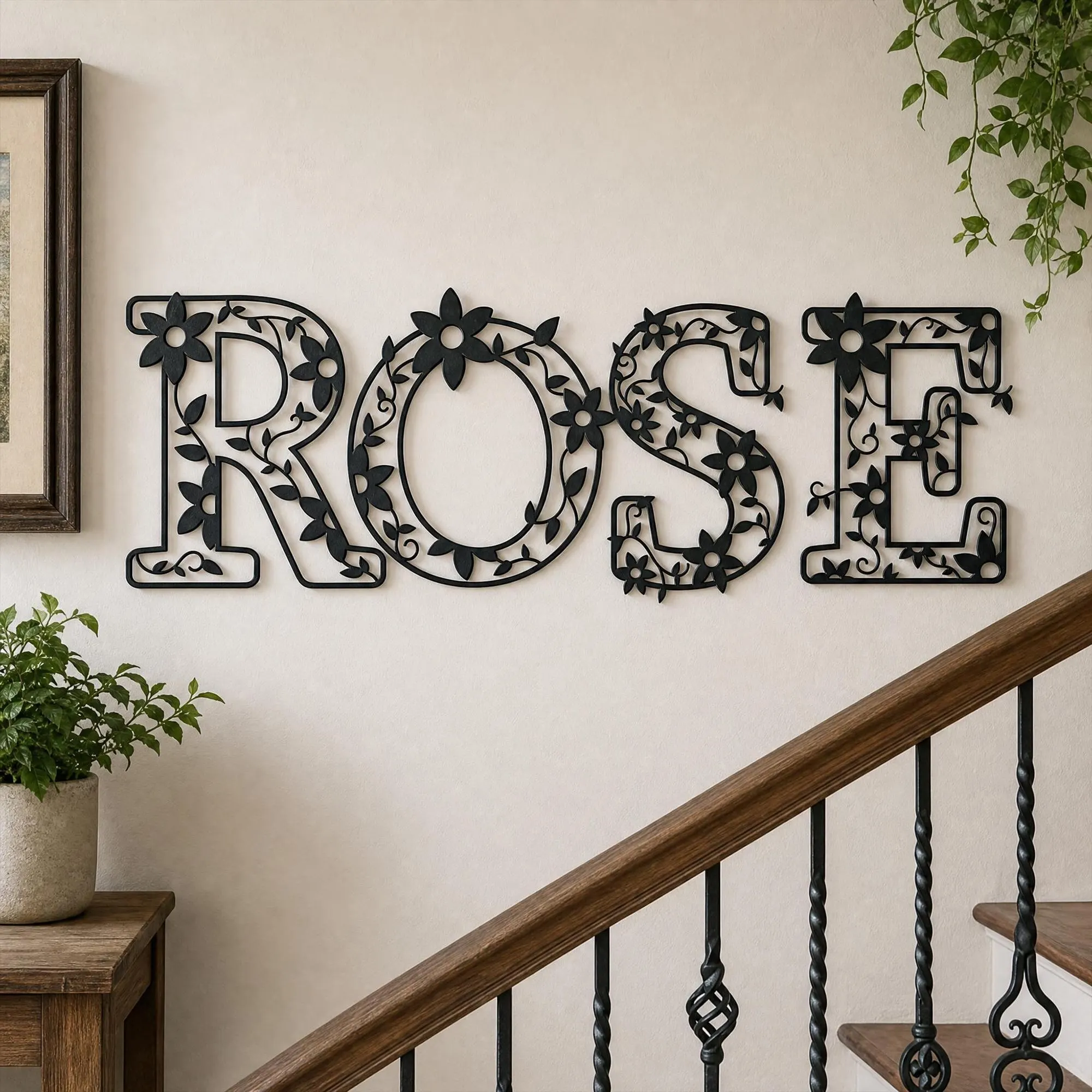 Custom Name Floral Metal Wall Sign, Flower Vine Letter Wall Art, Personalized Flower Vine Metal Plaque, Botanical Name Wall Decor