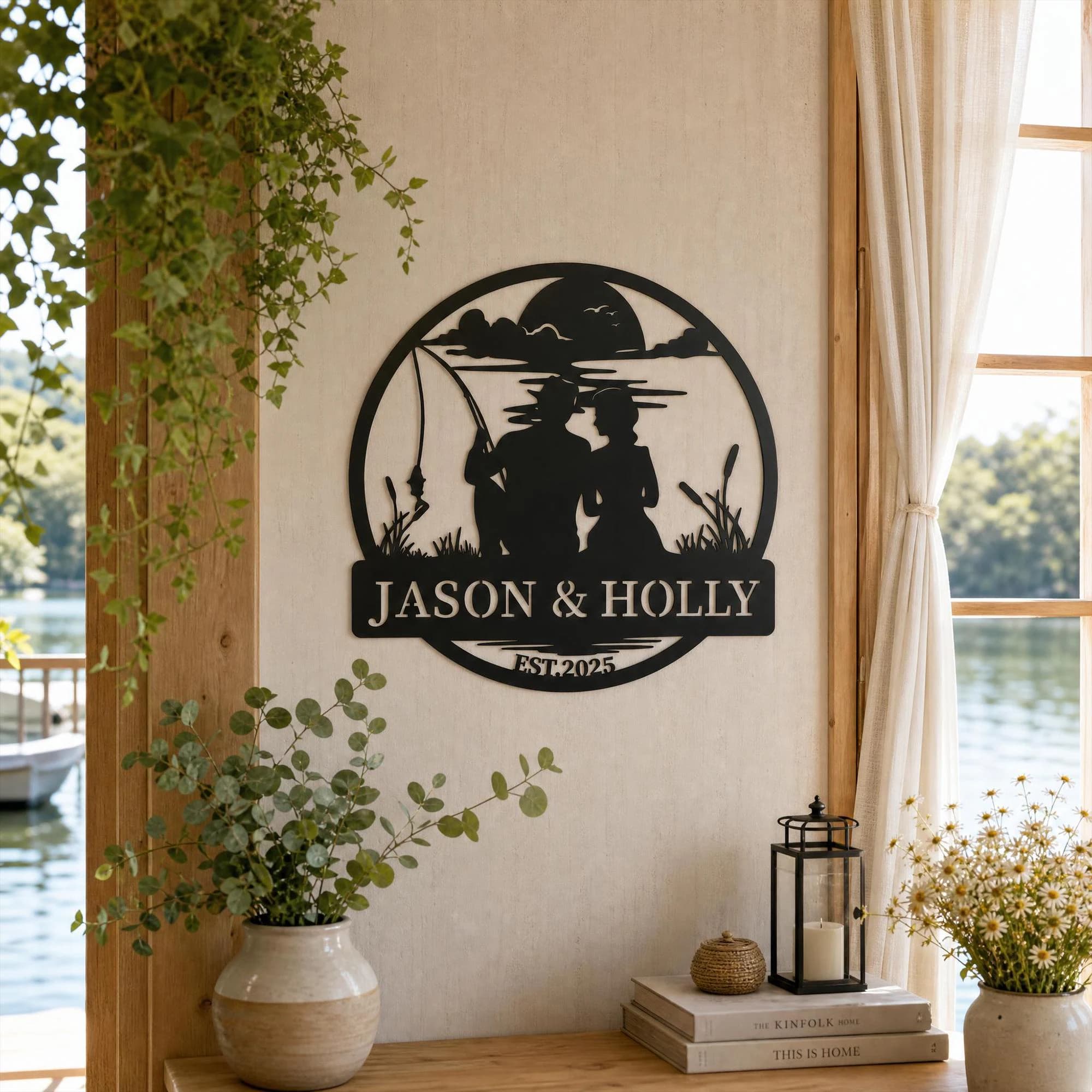 Custom Fishing Couple Metal Wall Sign, Personalized Name & Date Lakeside Scene Wall Decor, Anniversary Wall Decor, Wedding Gift