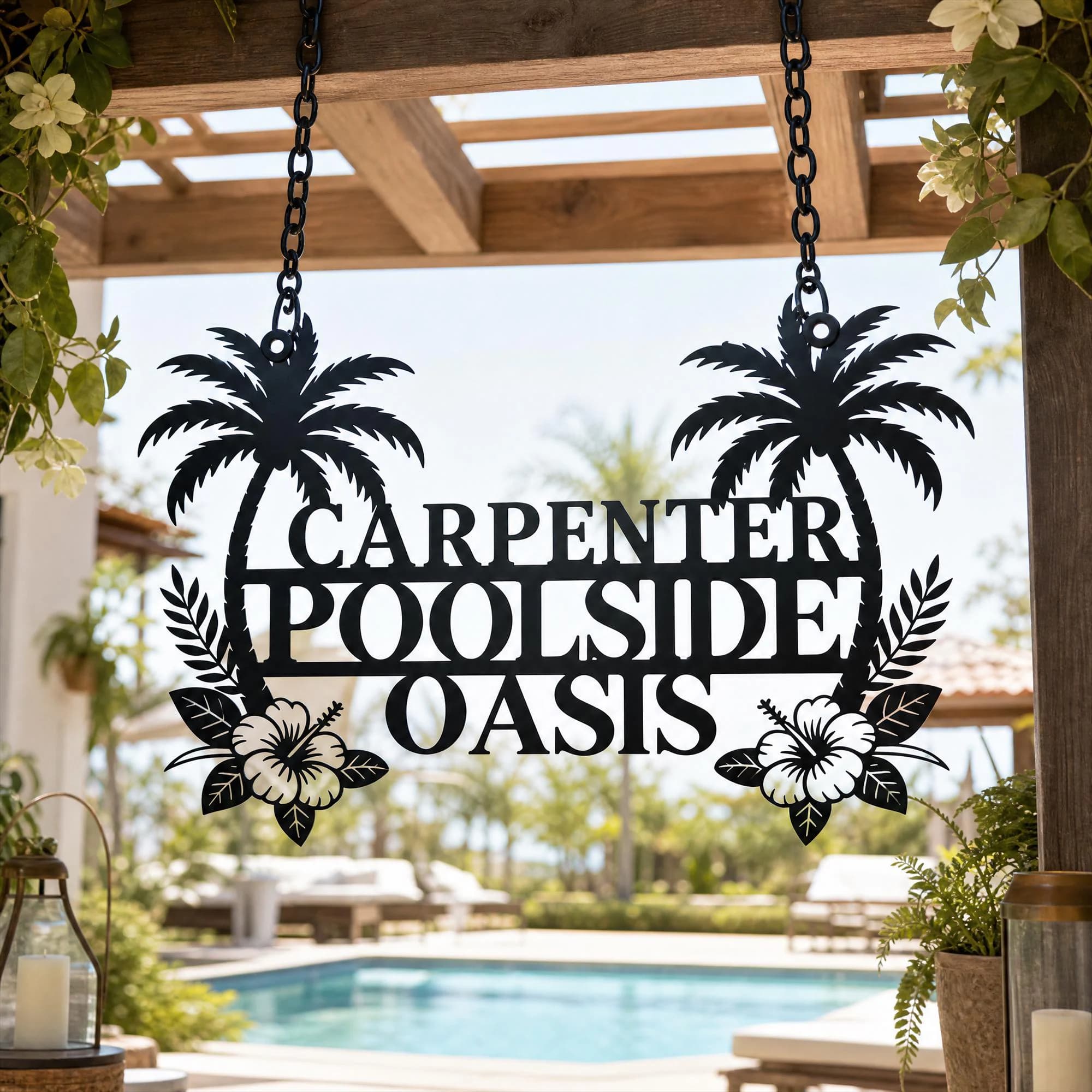 Custom Poolside Oasis Metal Hanging Sign, Palm Hibiscus Tropical Wall Decor, Outdoor Poolside Hanging Sign,  Pool Owner Gift