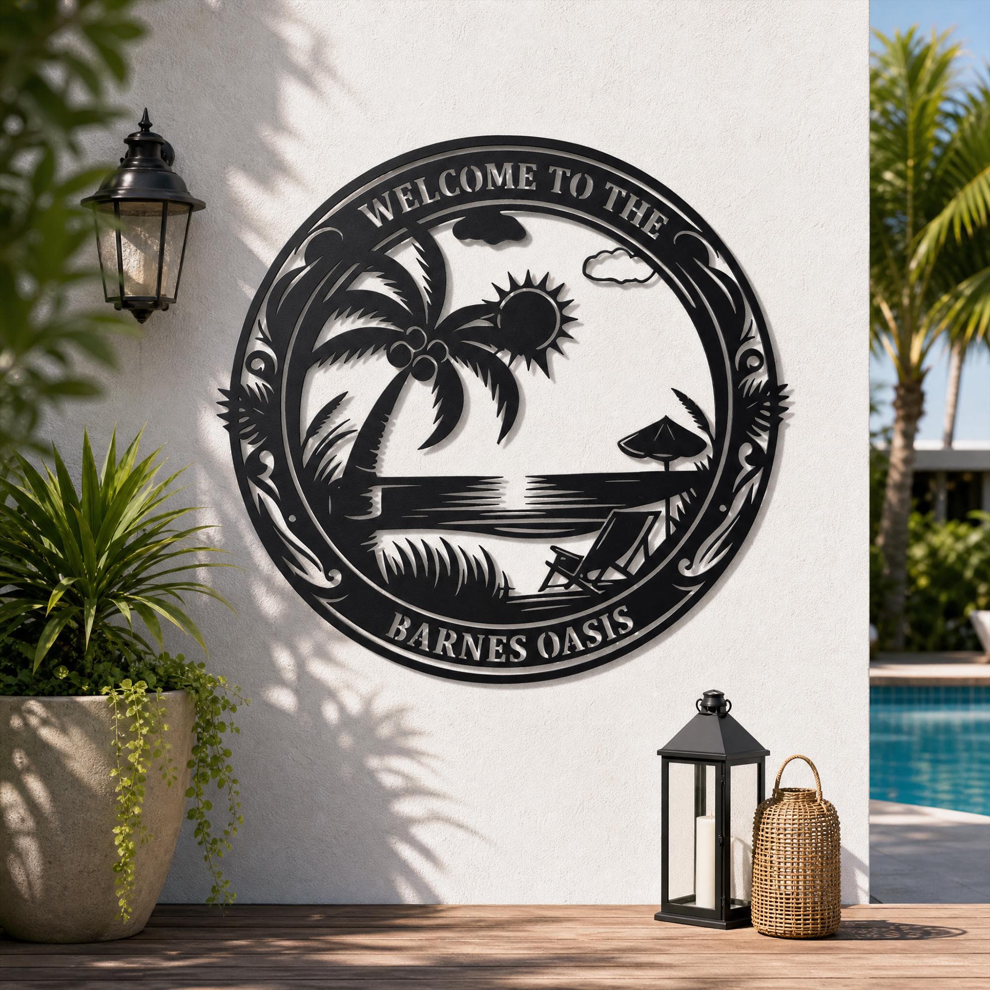 Custom Tropical Beach Oasis Metal Wall Sign, Personalized Name Palm Tree Pool Side Metal Plaque, Backyard Metal Wall Decor, Pool Gift