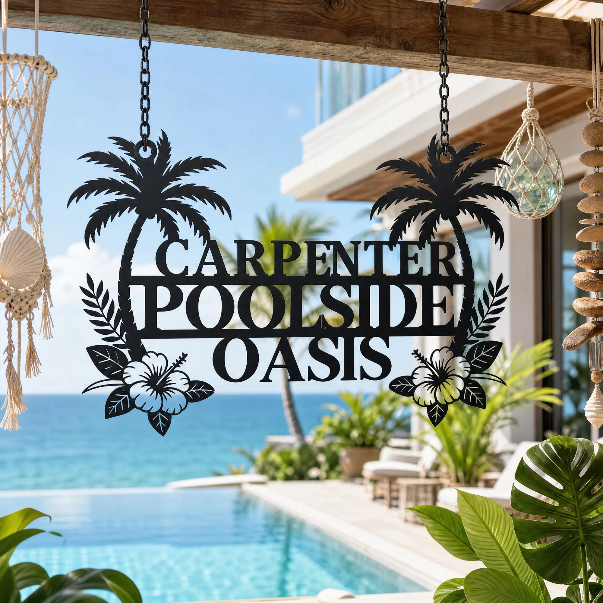 Custom Poolside Oasis Metal Hanging Sign, Palm Hibiscus Tropical Wall Decor, Outdoor Poolside Hanging Sign,  Pool Owner Gift - image 3