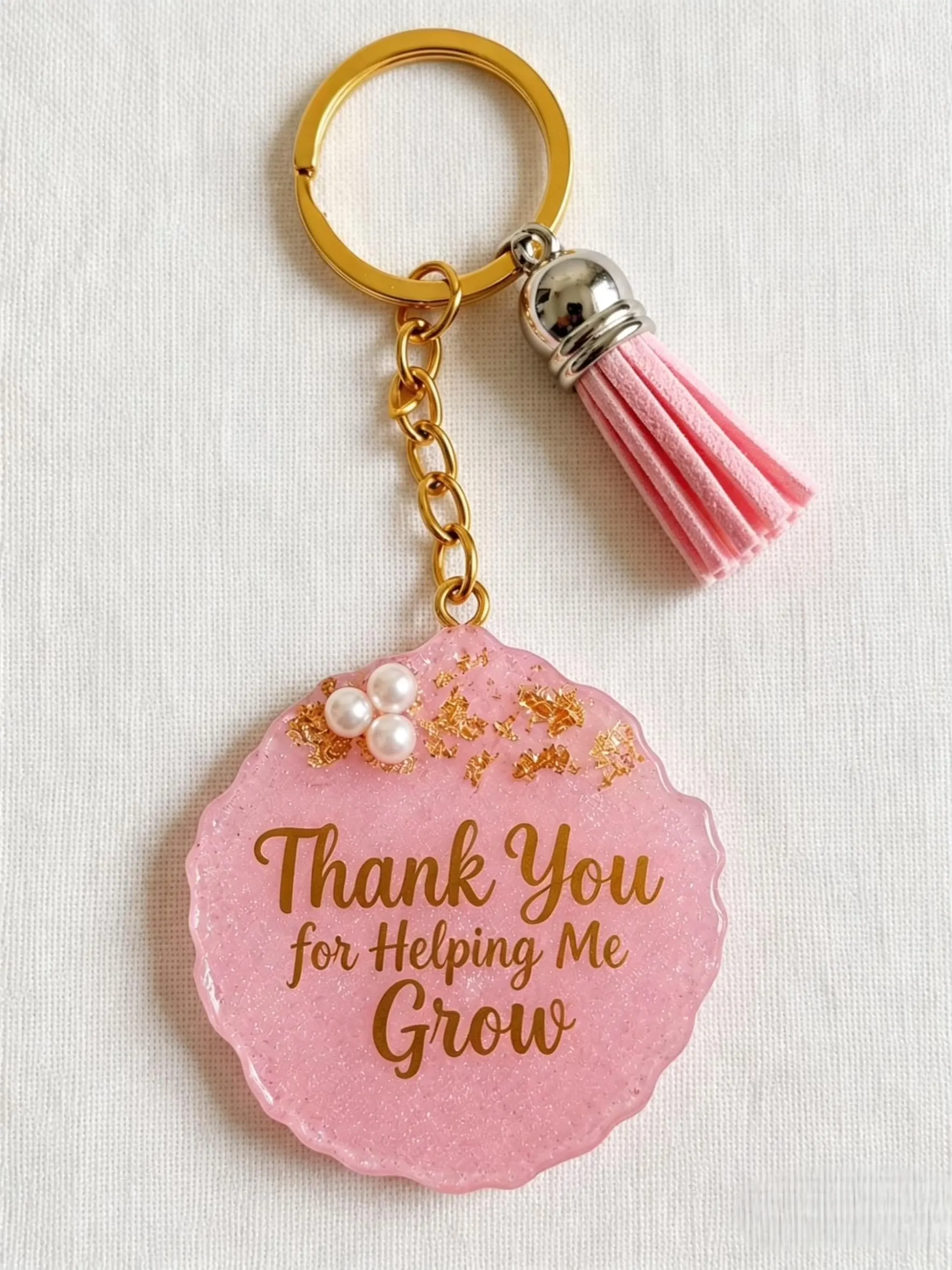 Handmade Resin Teacher Keychain Thank You for Helping Me Grow Pearl Accent Bag Charm