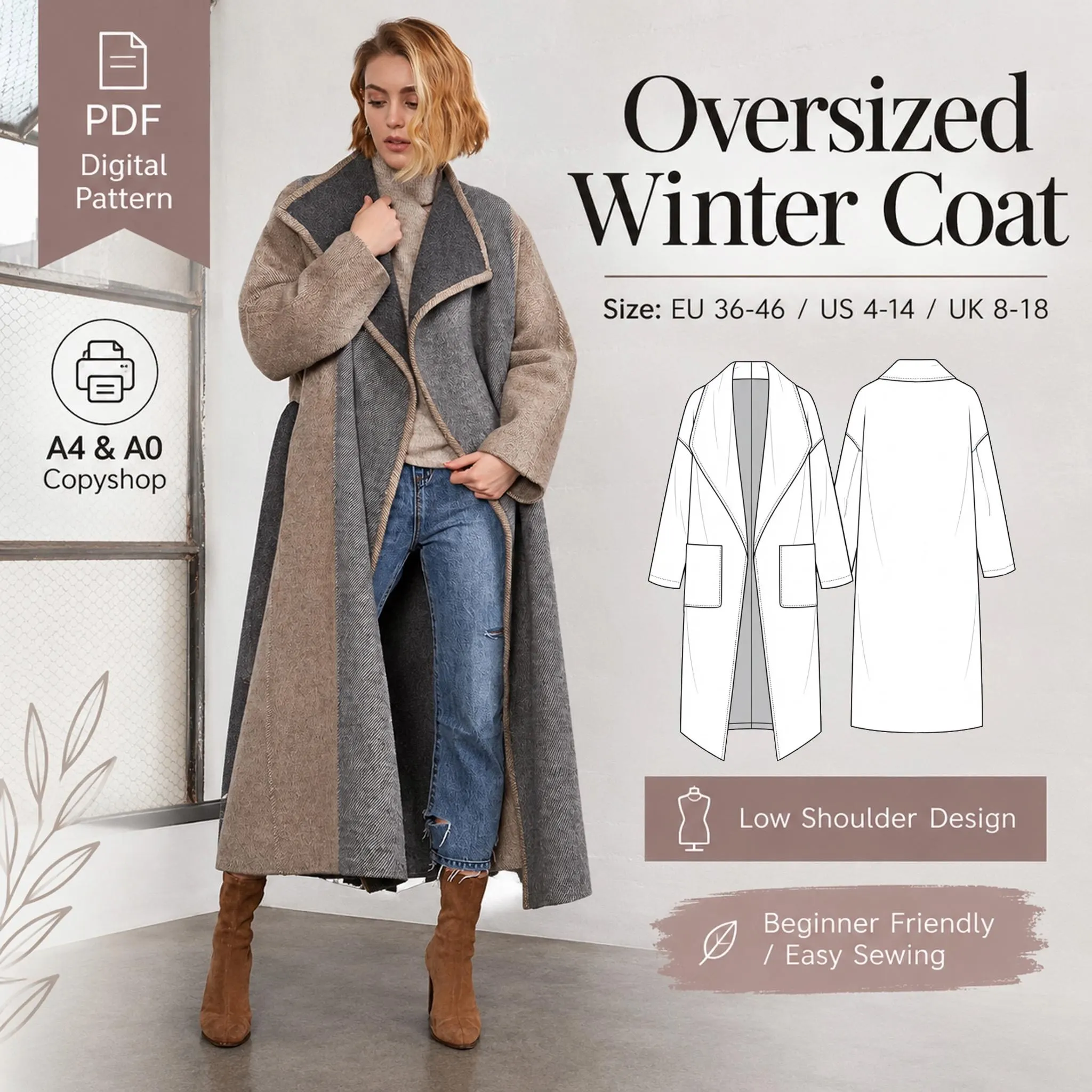 Oversized Winter Coat Sewing Pattern EU 36-46 US 4-18 Digital PDF, A0 & A4 Print-at-Home, Step-by-Step Tutorial