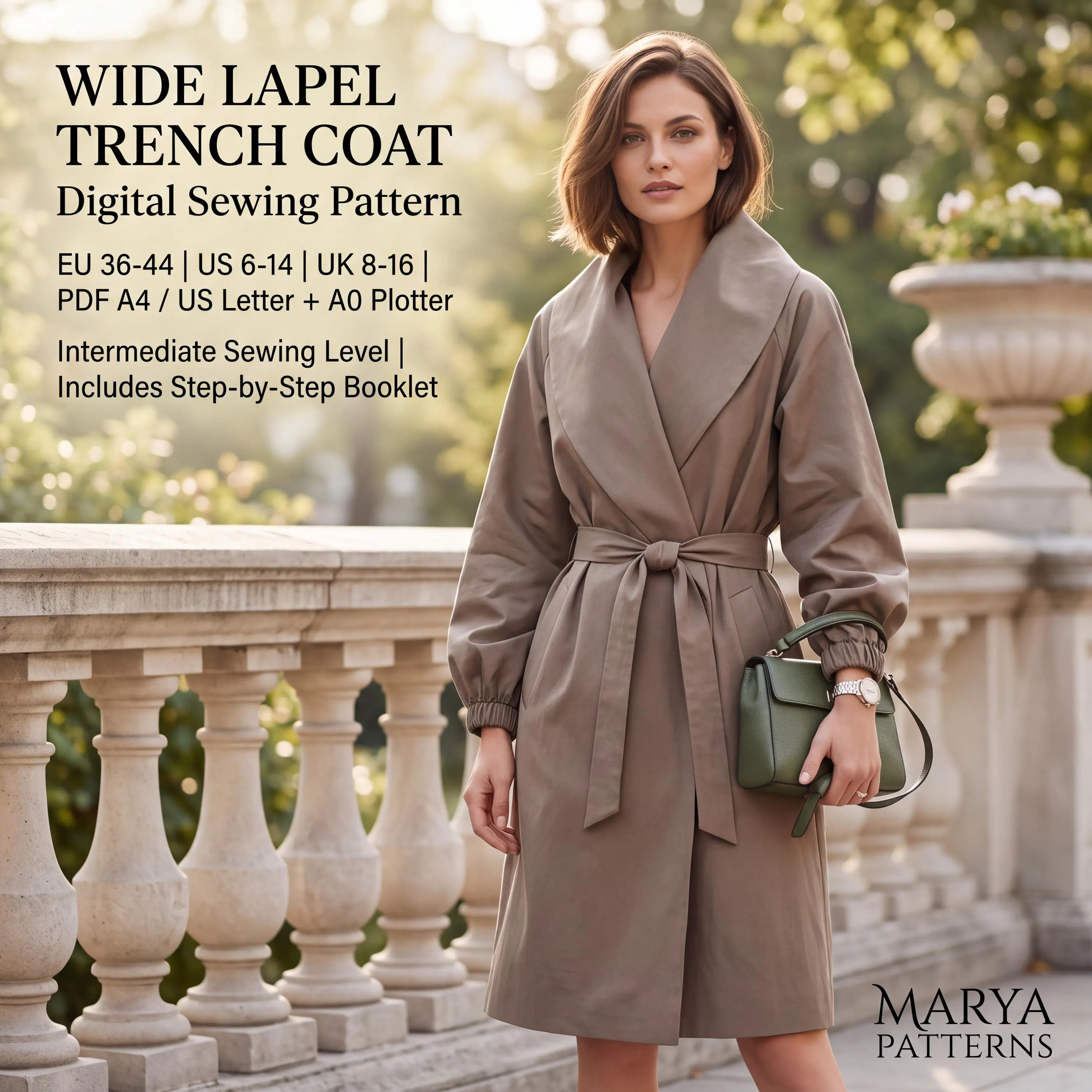 Wide Lapel Trench Coat Sewing Pattern | Women Classic Tailored Jacket PDF | A4 A0 US Letter | Size EU 36-44