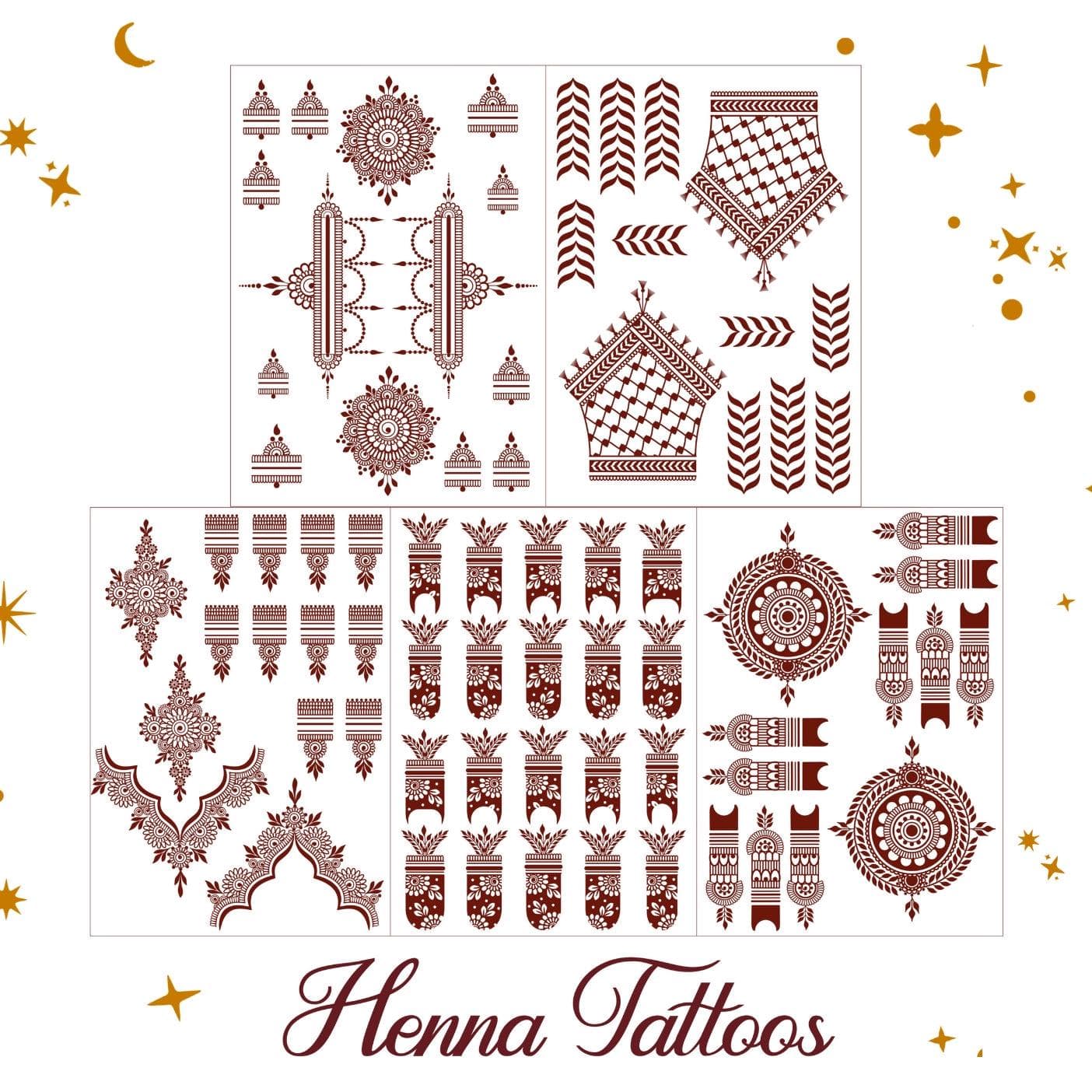 5 SHEET BUNDLE - 5 Henna Design Temporary Tattoo Stickers Mehndi Eid Ramadan Pakistan Adornment Festive Celebration Wedding Party desi india