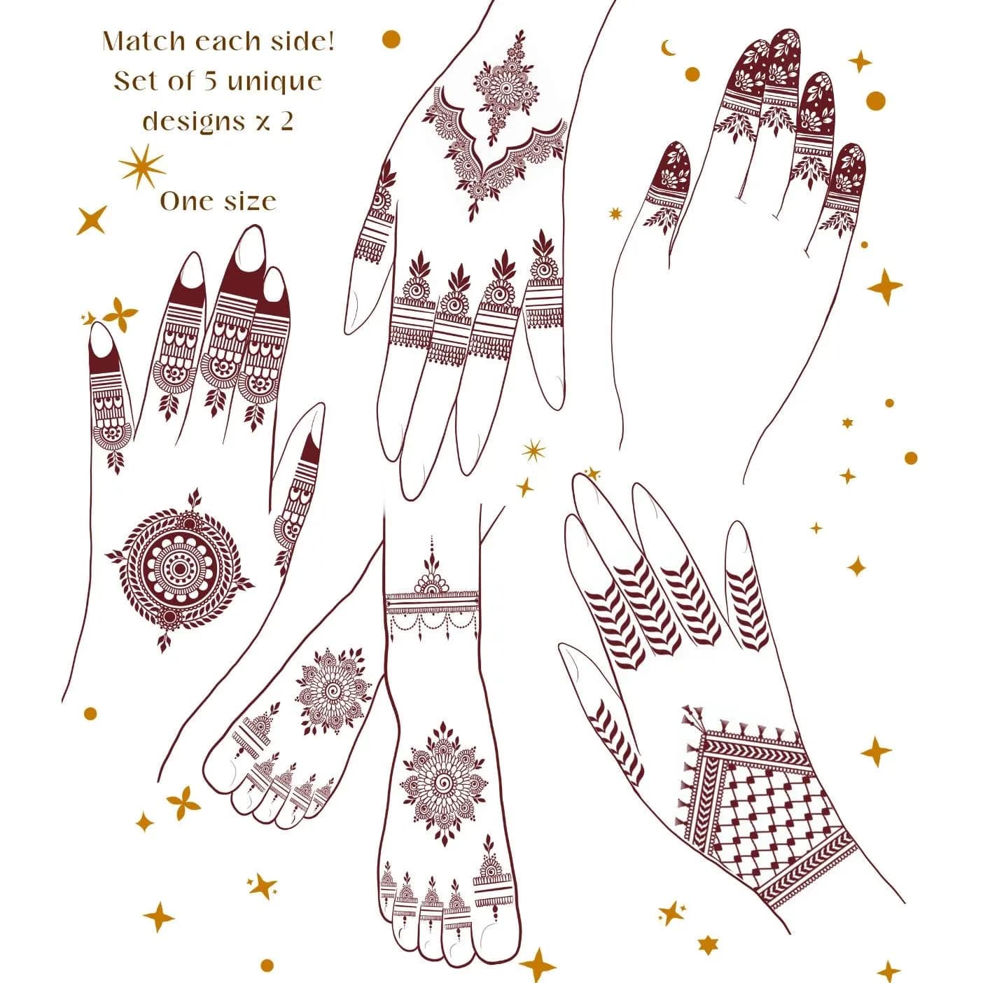 5 SHEET BUNDLE - 5 Henna Design Temporary Tattoo Stickers Mehndi Eid Ramadan Pakistan Adornment Festive Celebration Wedding Party desi india