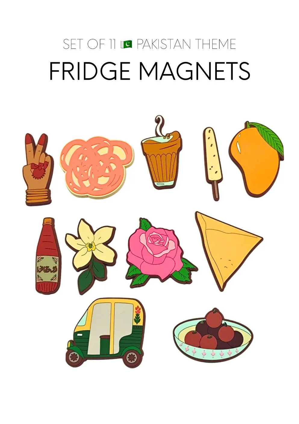 PREORDER Pakistani Things Magnets Set Of 11 South Asian Heritage Muslim gift modest wear hijab Desi Punjabi Lahore Urdu Jalebi Kulfi Gulab J