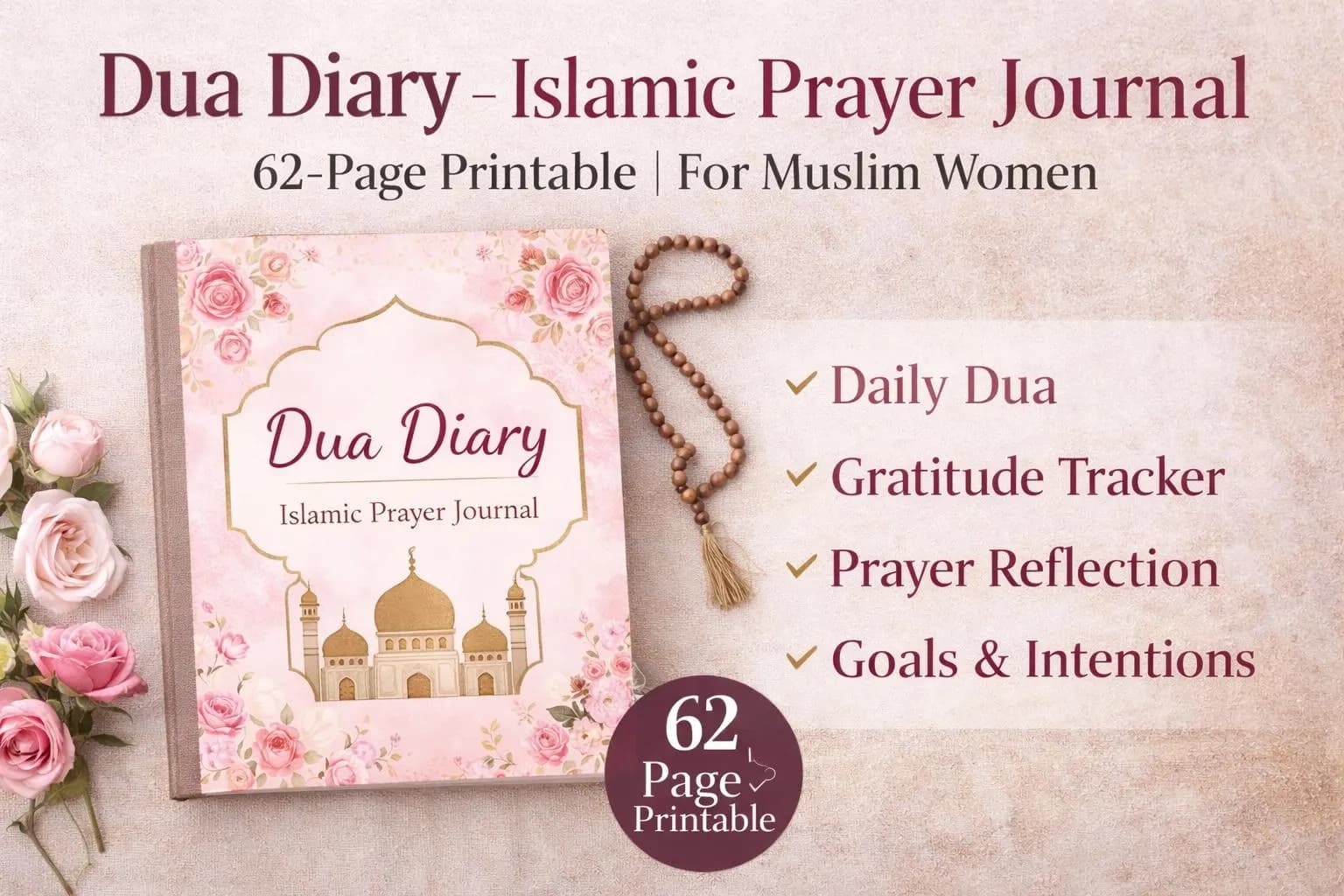 Dua Diary 62 Pages: Islamic Prayer Journal for Muslim Women, Daily Dua & Gratitude Tracker Printable PDF, Ramadan  and Spiritual Gift
