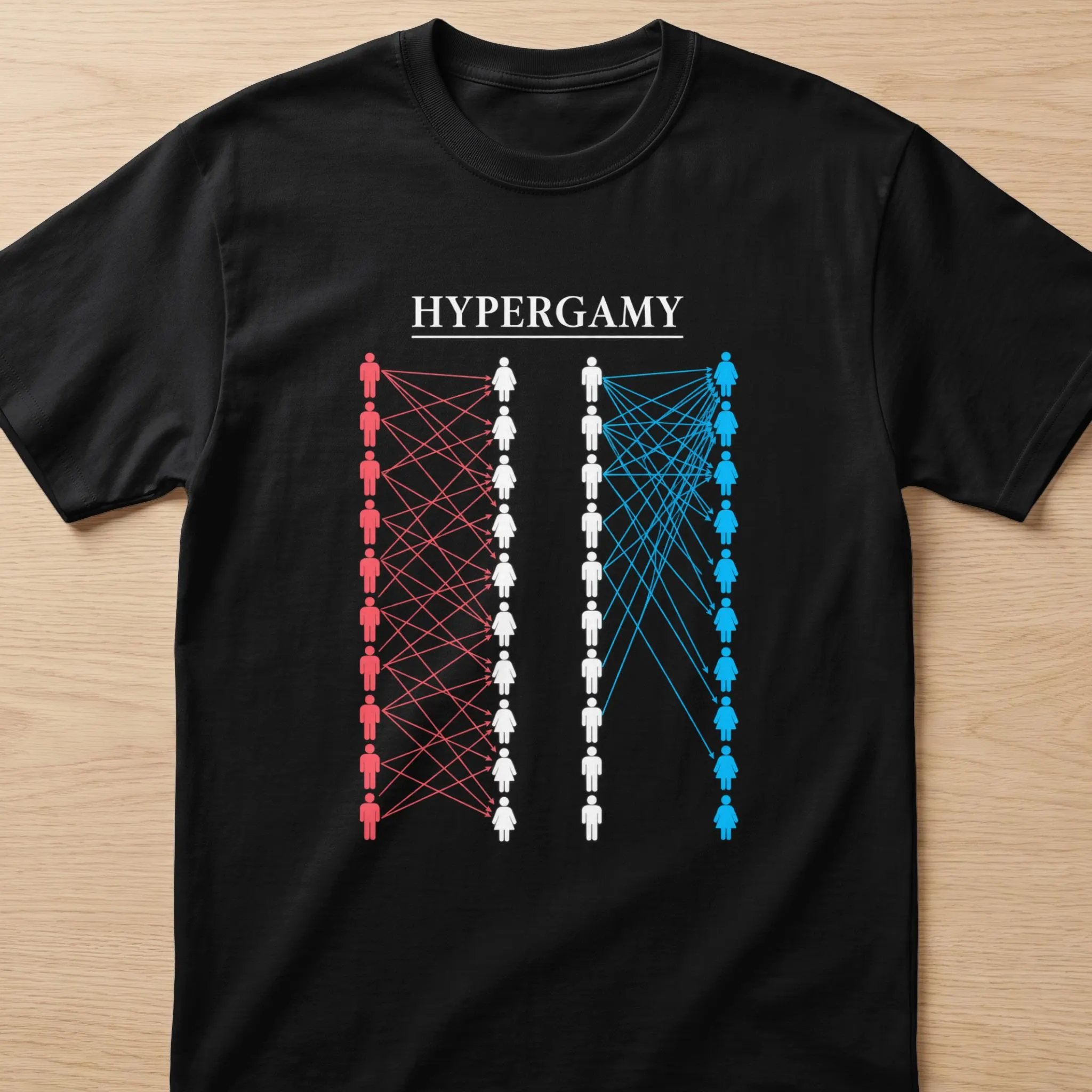 Black t-shirt with "HYPERGAMY" text and diagram showing connections between stick figures.
