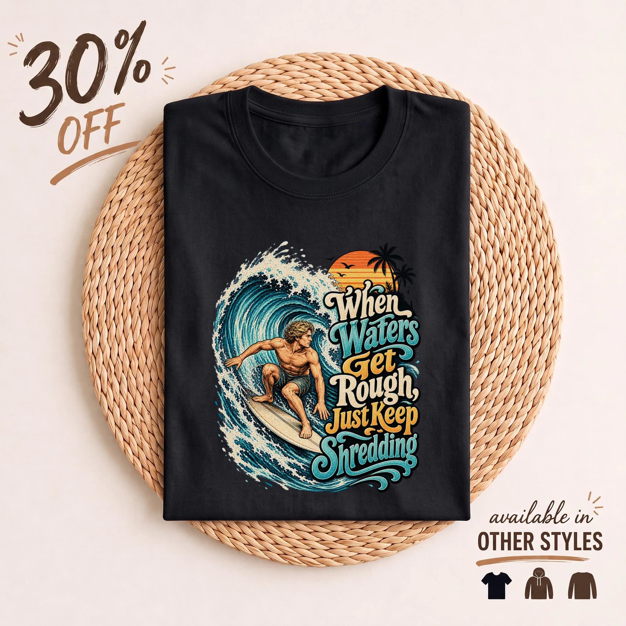 Vintage Surfing T-Shirt Retro Surfer Shirt, Ocean Wave Graphic Tee, Beach Life Quote Top, Keep Shredding Surf Gift, Coastal Sunset Shirt