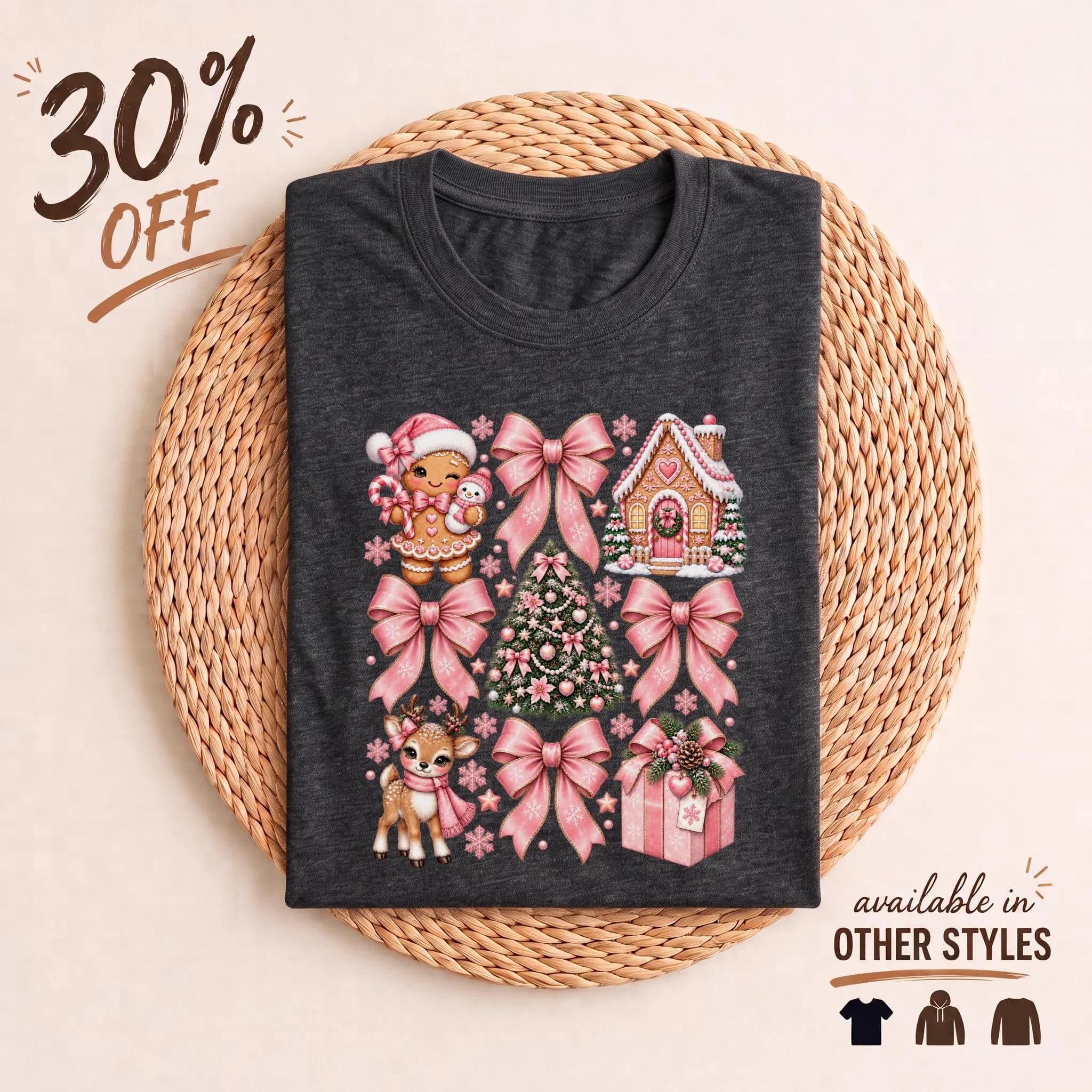 Pink Christmas T-Shirt Coquette Gingerbread Girl Shirt, Pastel Holiday Bow Tee, Cute Deer Gingerbread House Graphic Tee, Girly Xmas Gift