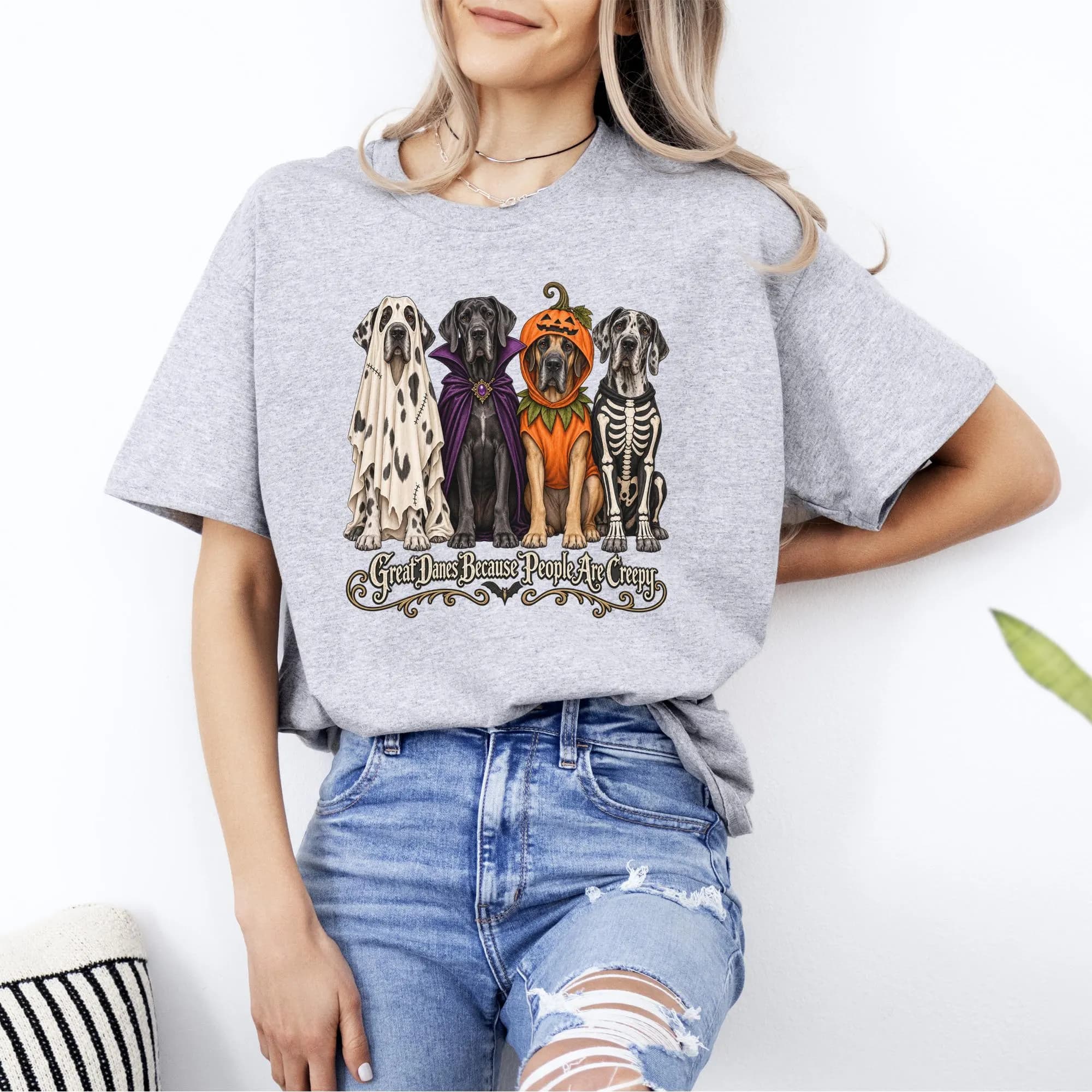 Halloween Great Dane T-Shirt, Funny Spooky Dog Lover Shirt, Great Danes Because People Are Creepy Tee, Gothic Fall Dog Mom Graphic Top - image 5