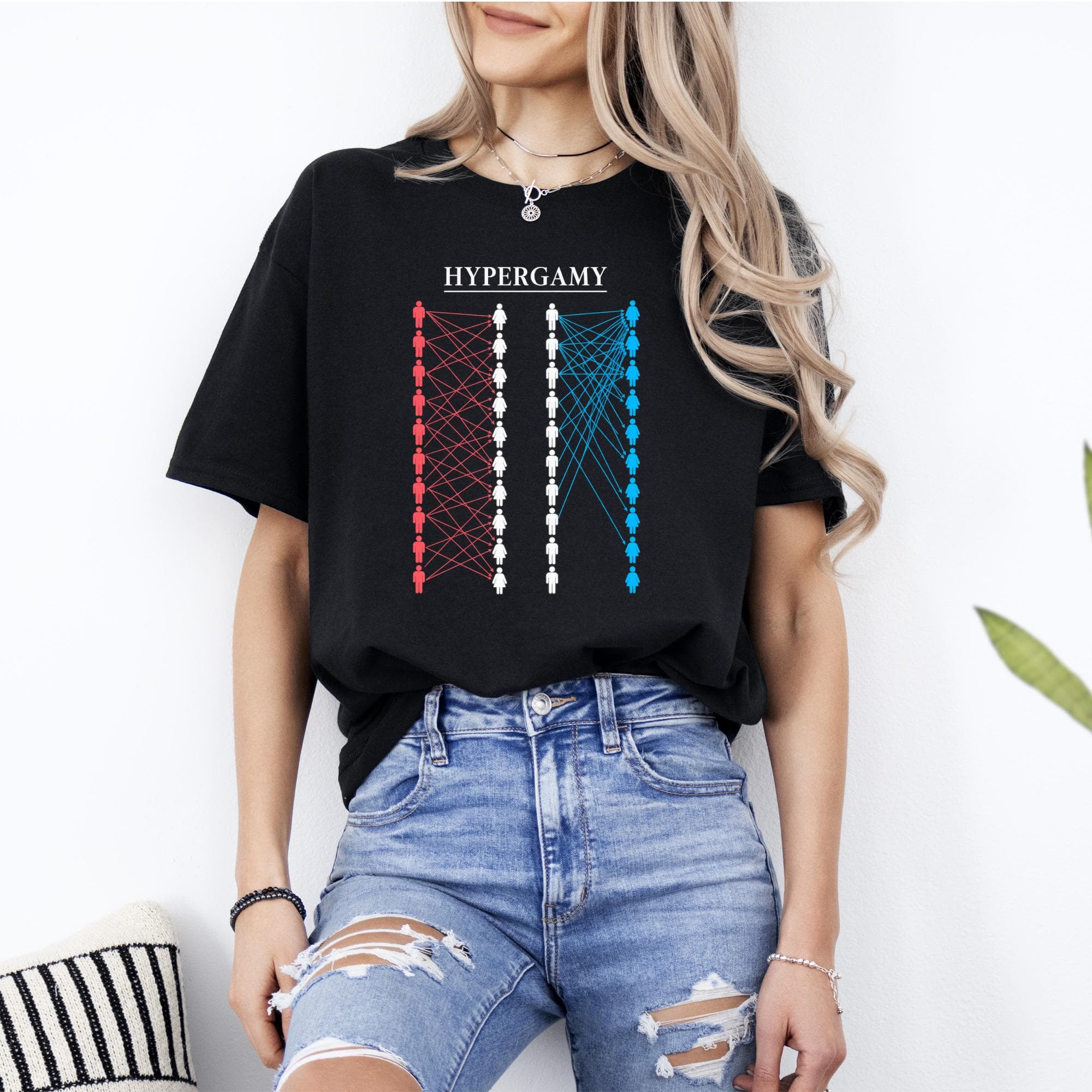 Black t-shirt with "HYPERGAMY" text and diagram of human figures.