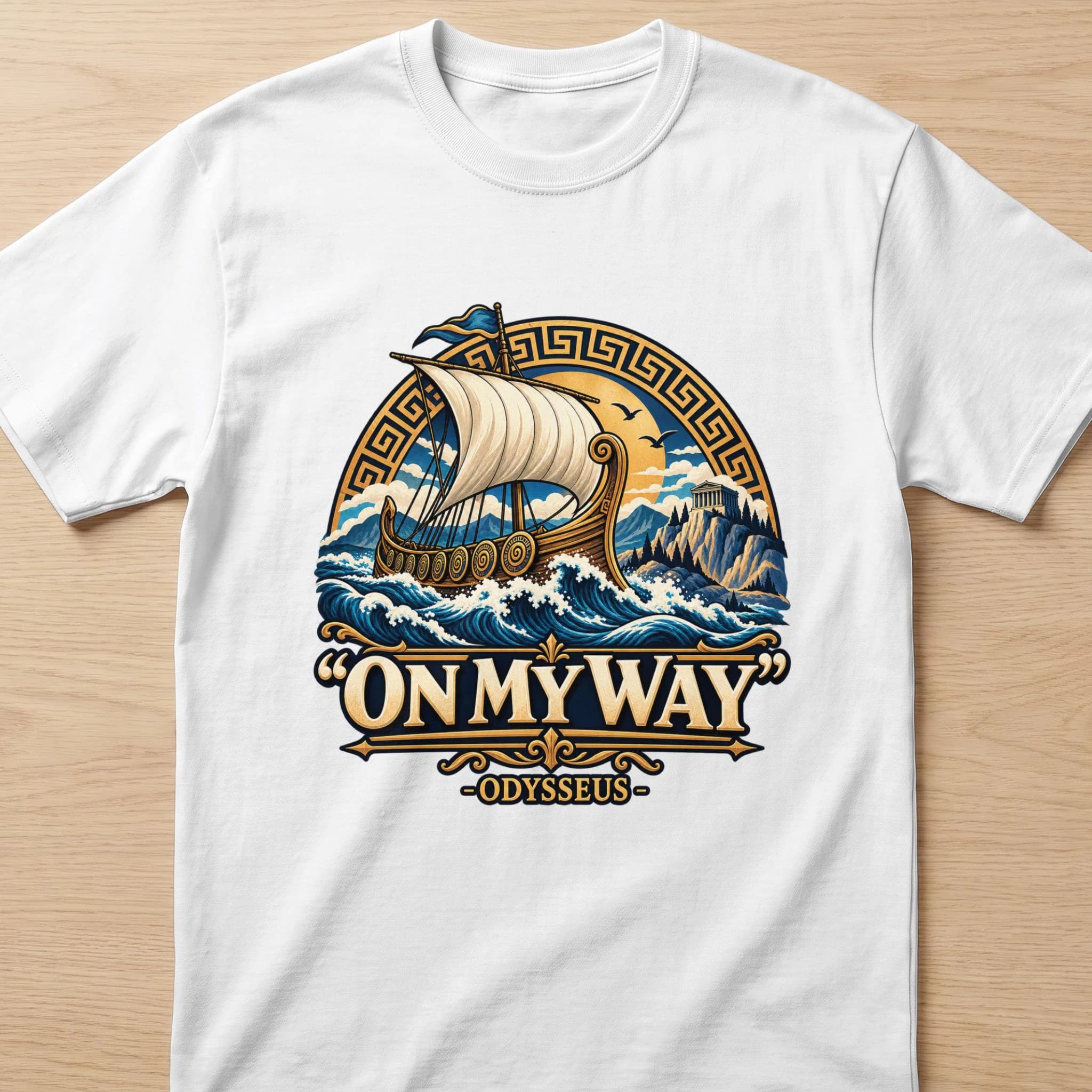 T-shirt graphic featuring a Greek galley sailing on rough seas, with text "On My Way - Odysseus".